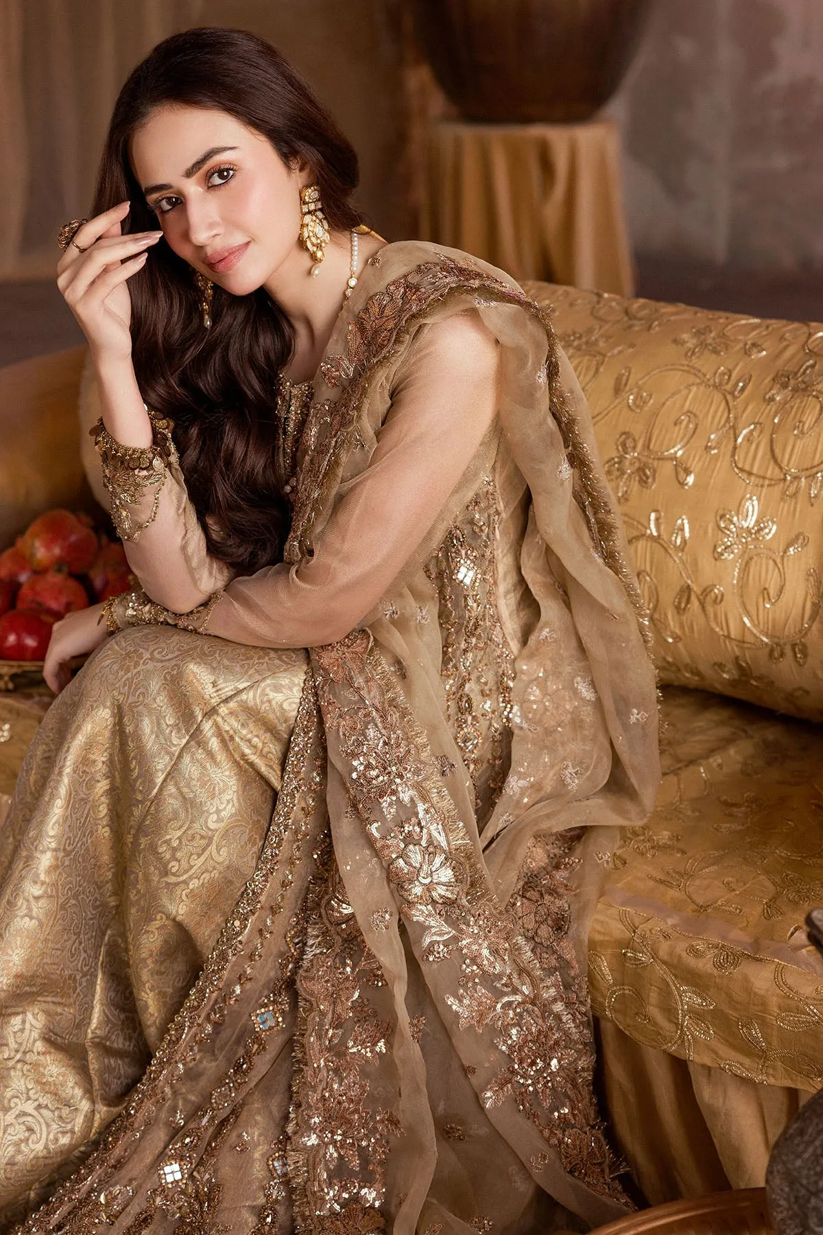 Pakistani Wedding Dress in Gold Open Gown Lehenga Style