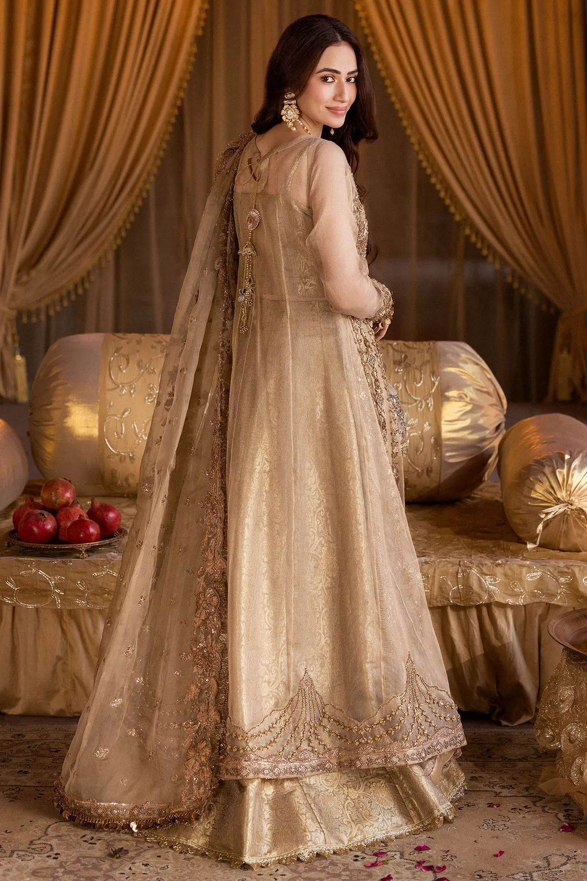 Pakistani Wedding Dress in Gold Open Gown Lehenga Style