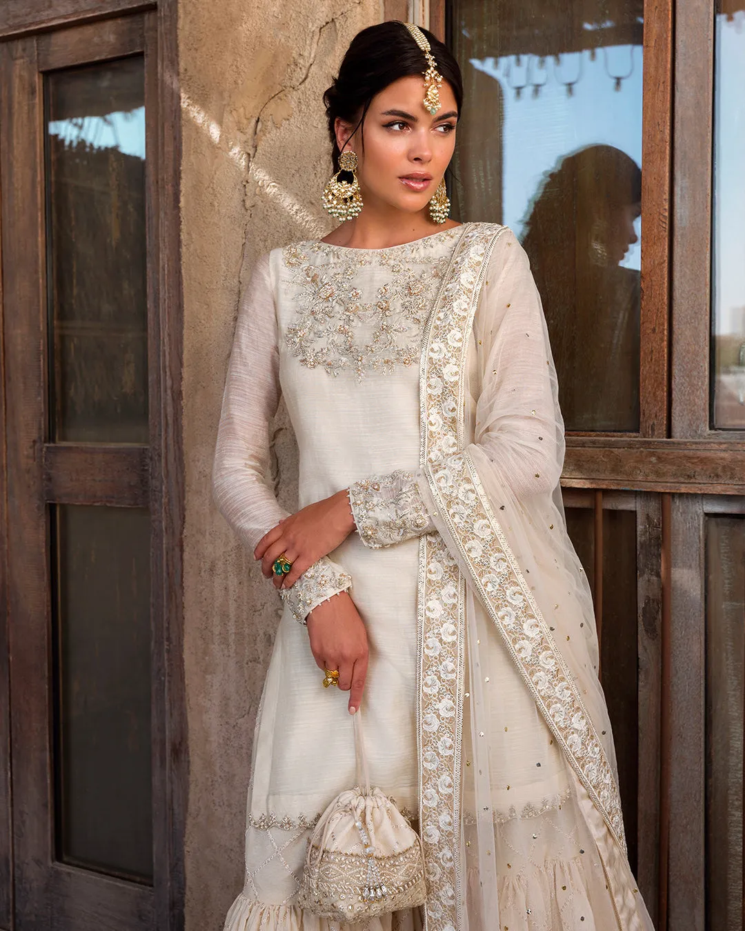 Pakistani Wedding Dress in White Gharara Kameez Style