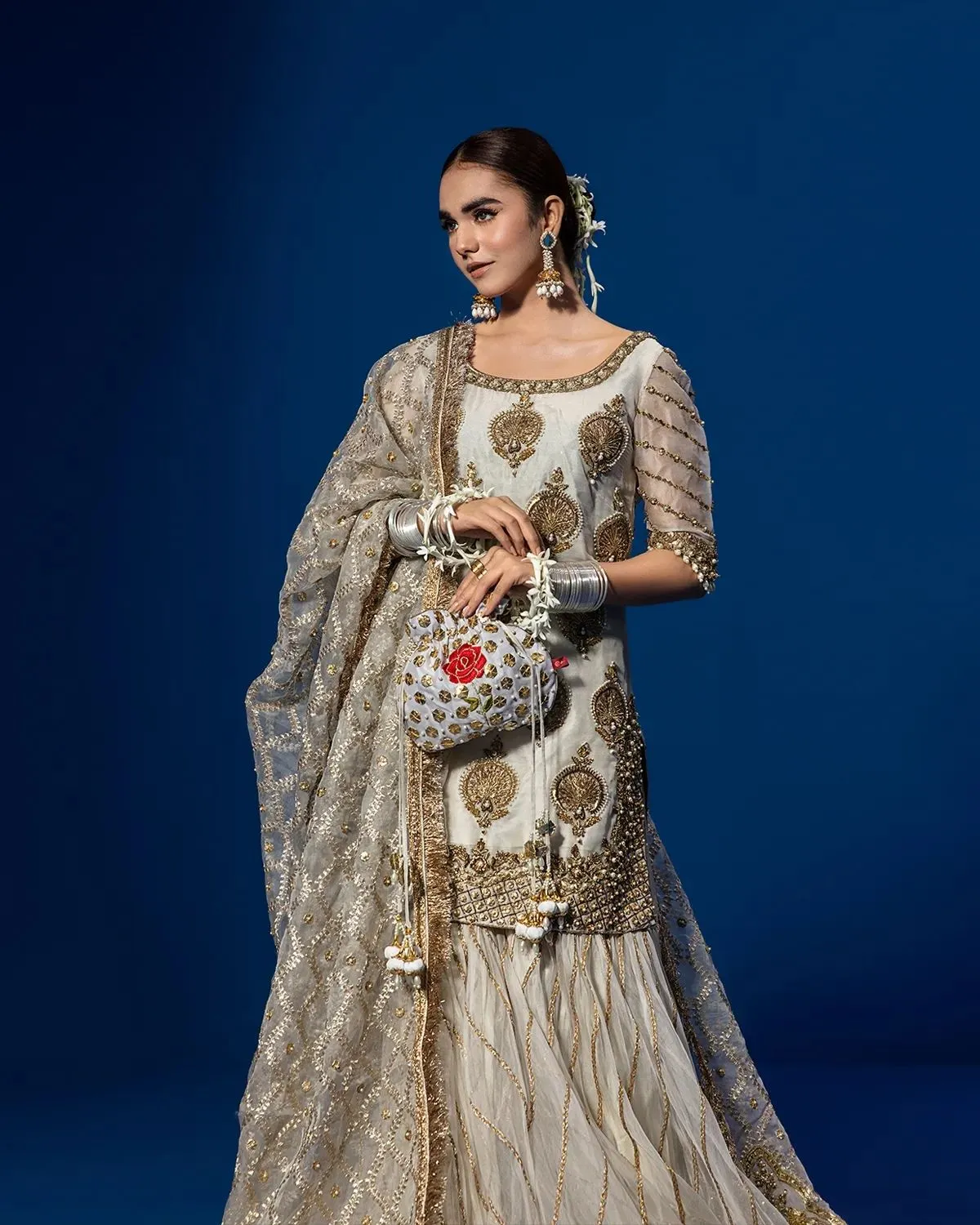 Pakistani Wedding Dress in White Kameez Gharara Style