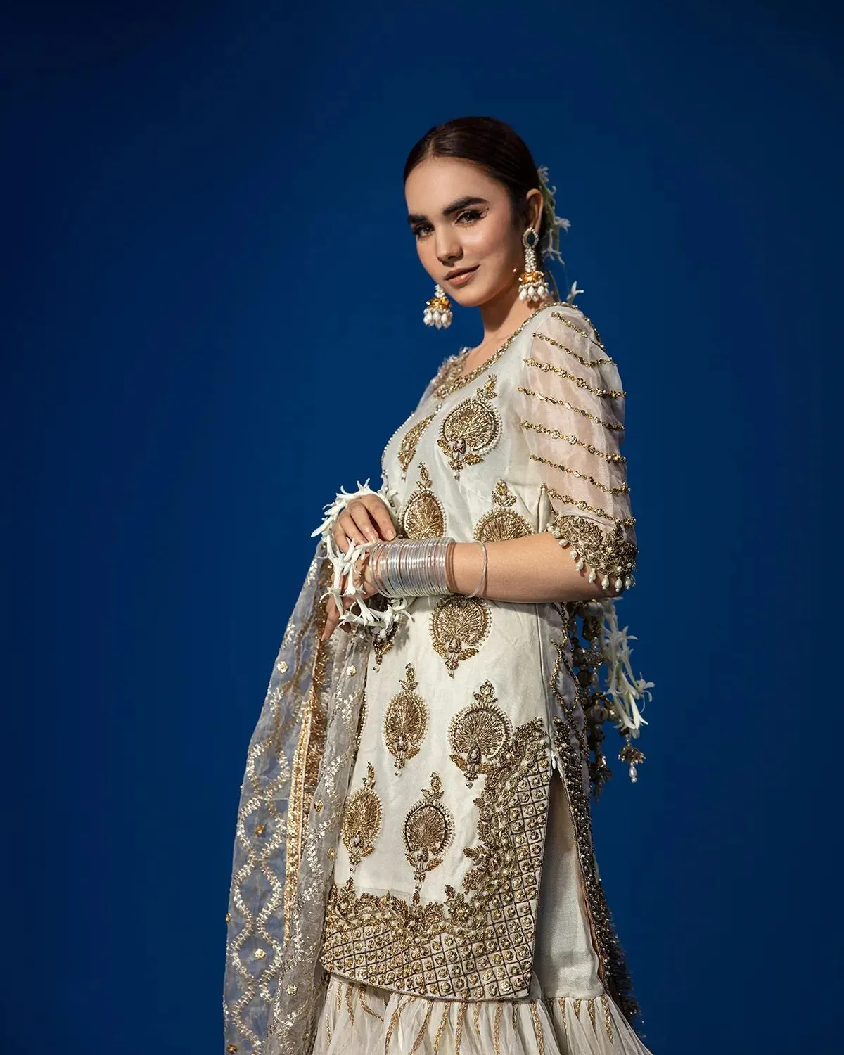 Pakistani Wedding Dress in White Kameez Gharara Style