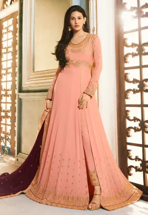 Peach Golden Embroidered Anarkali Pant Suit