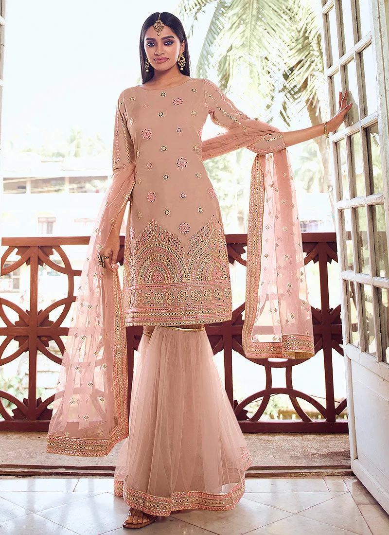 Peach Mirror Embroidered Gharara Suit