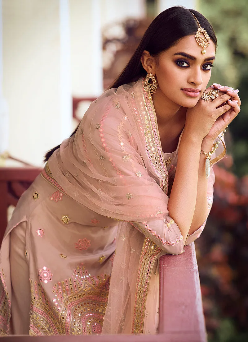 Peach Mirror Embroidered Gharara Suit
