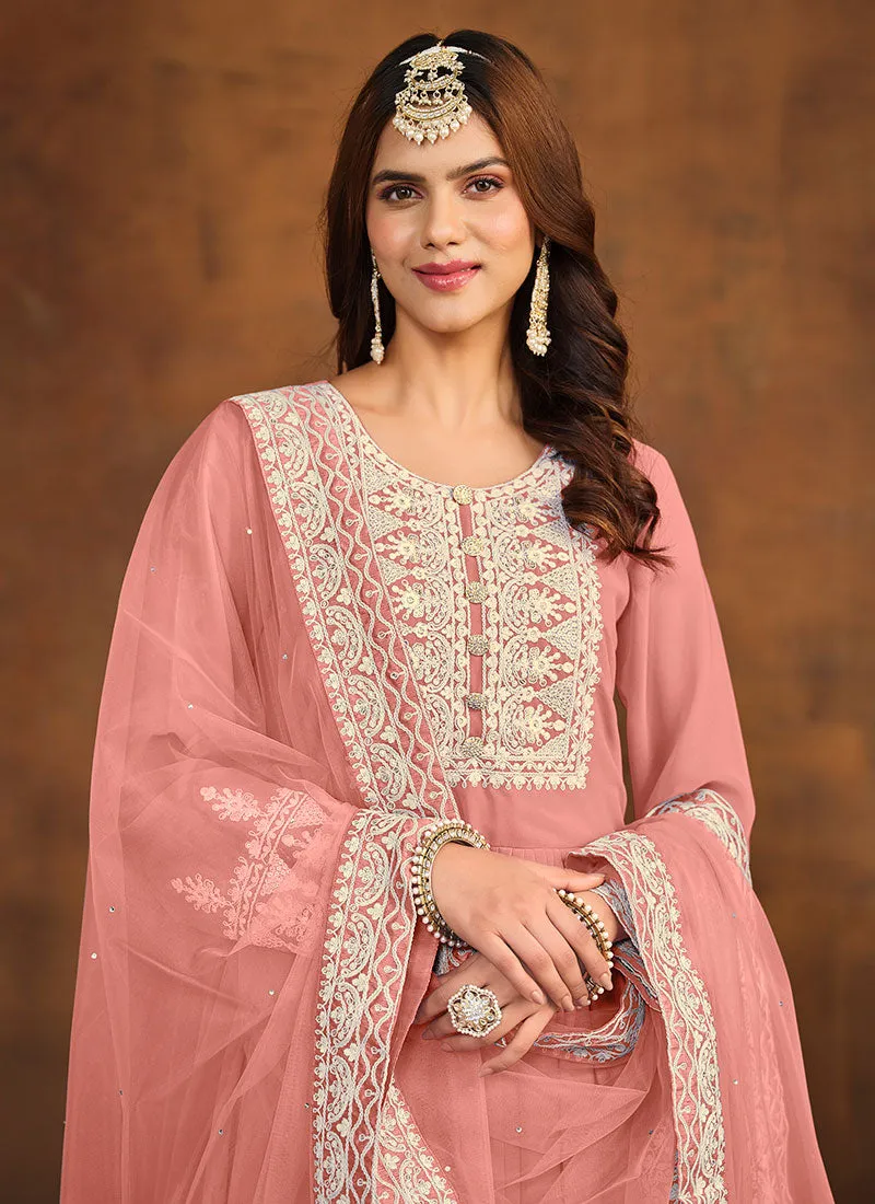 Peach Thread Embroidery Anarkali Palazzo Suit