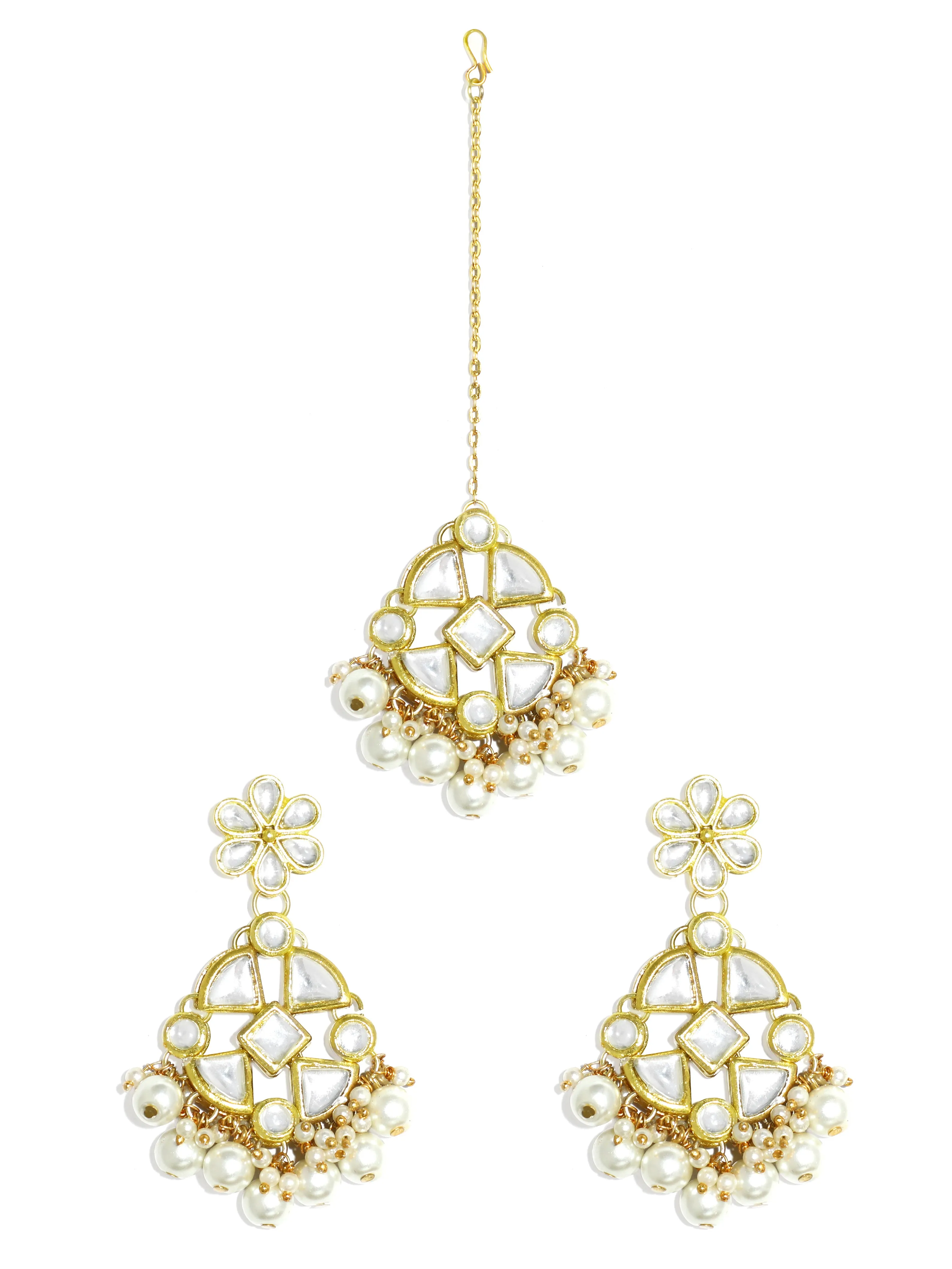 Pearl Beads Kundan Dangler Earrings with Maangtikka