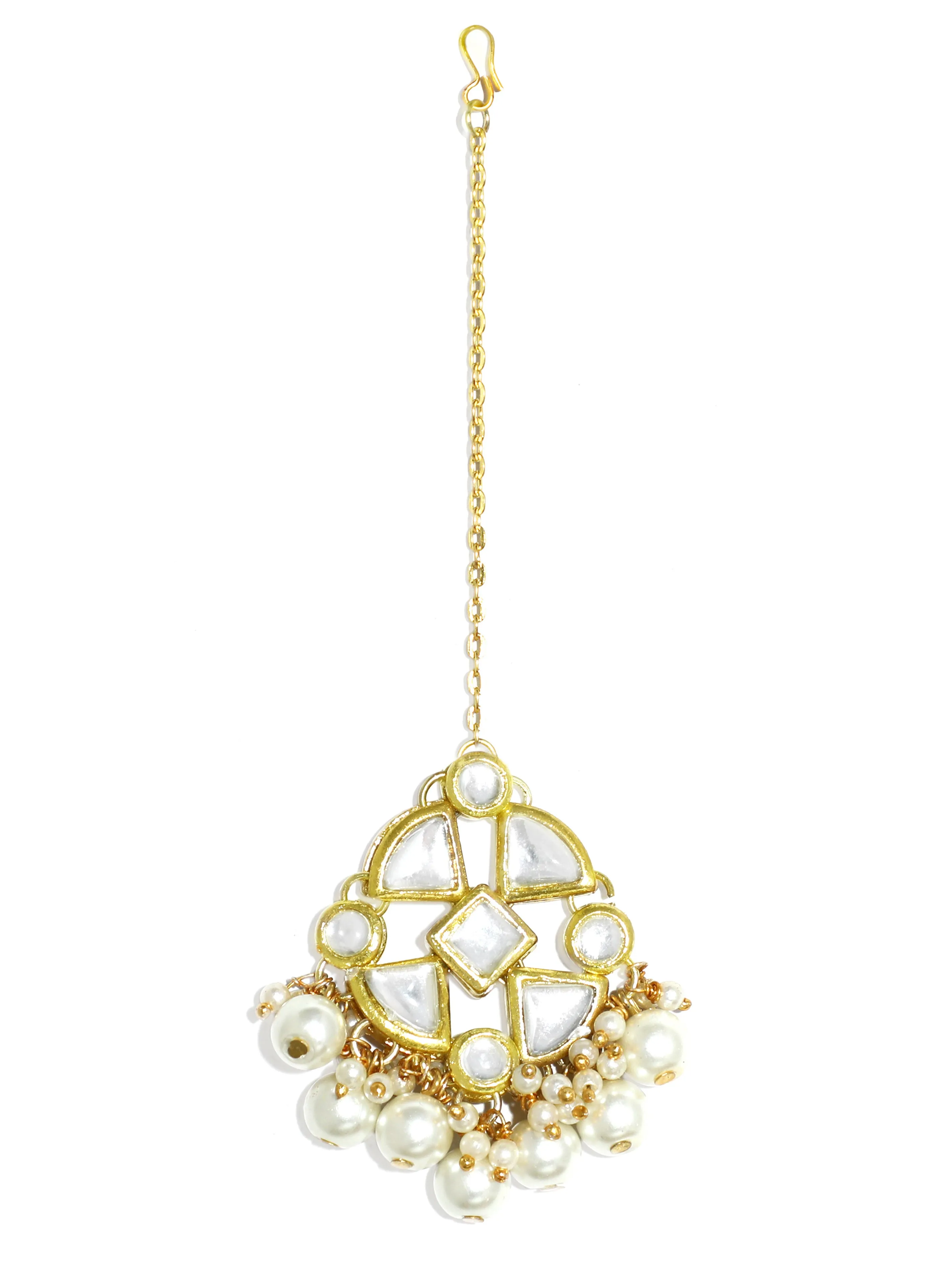 Pearl Beads Kundan Dangler Earrings with Maangtikka