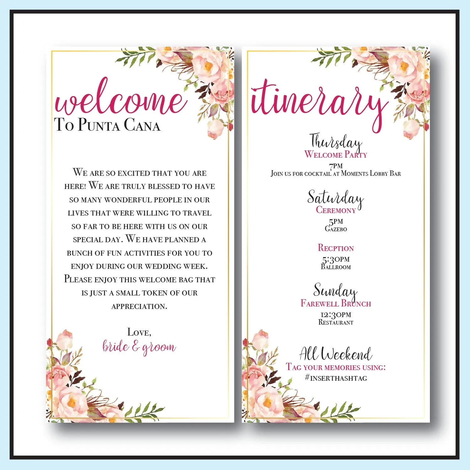 Personalized Wedding Welcome Letter & Itinerary - Floral