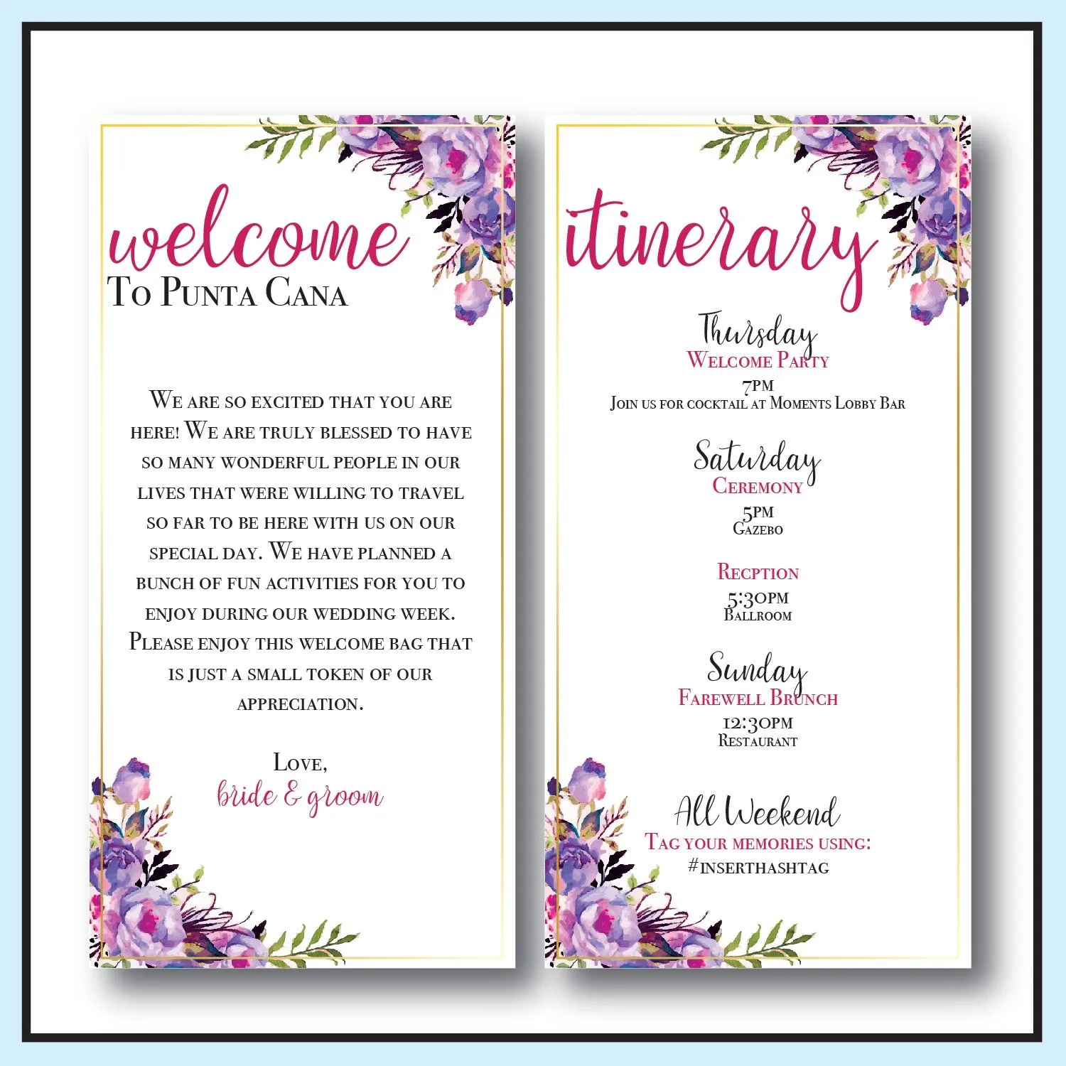 Personalized Wedding Welcome Letter & Itinerary - Floral