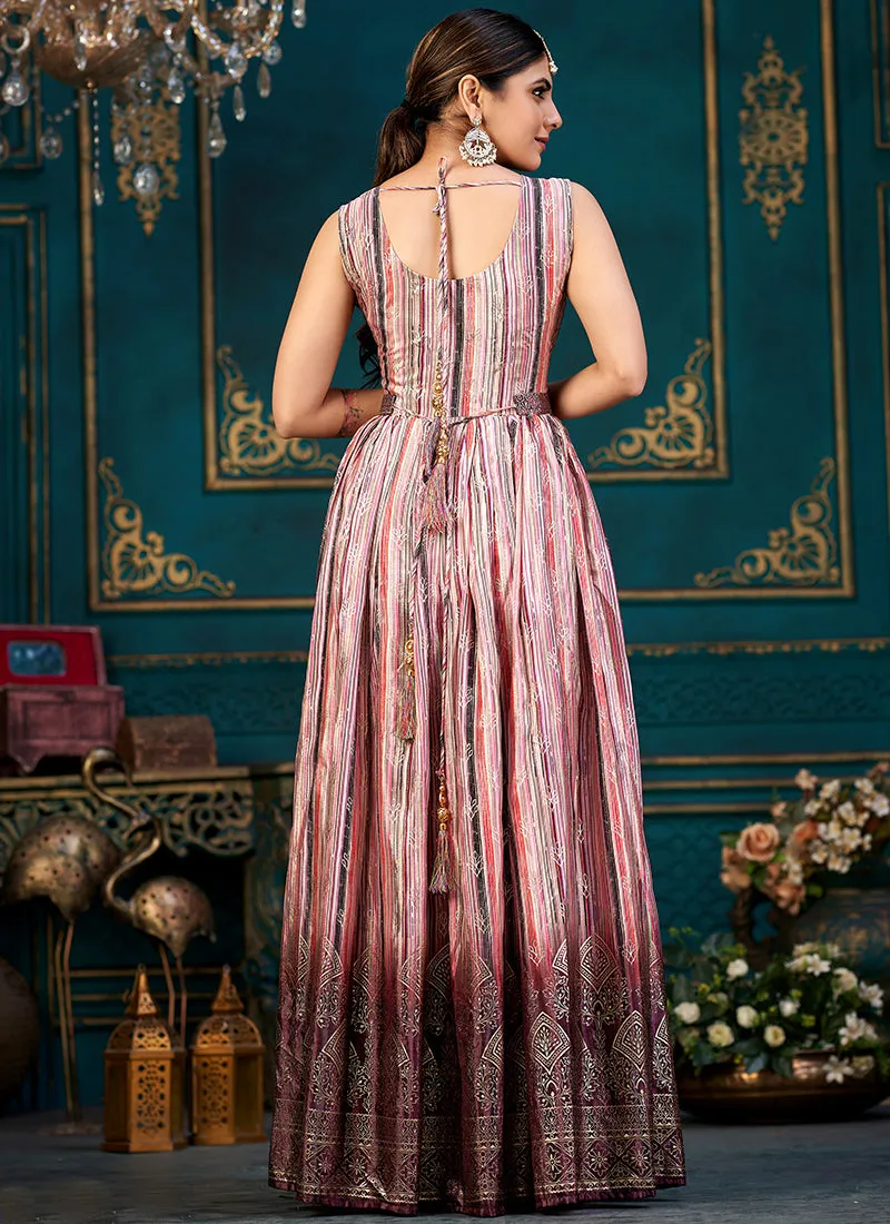 Pink And Maroon Printed Traditional Anarkali Gown