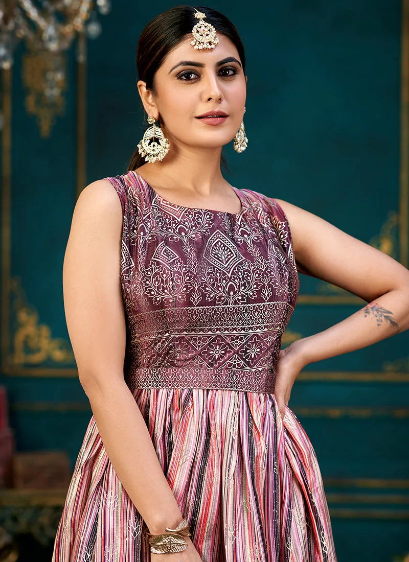 Pink And Maroon Printed Traditional Anarkali Gown