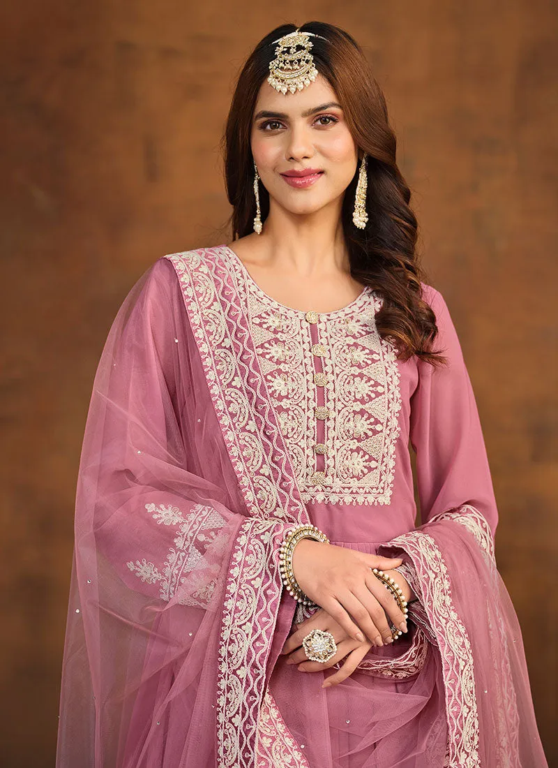 Pink Thread Embroidery Anarkali Palazzo Suit