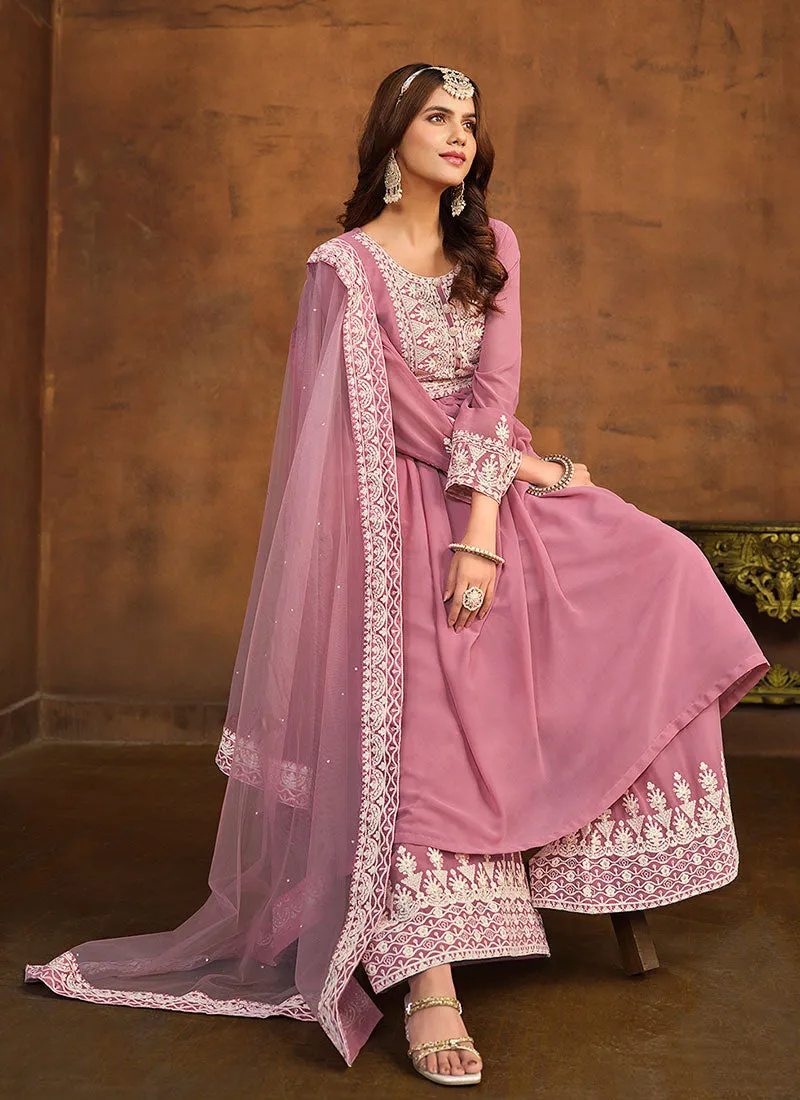 Pink Thread Embroidery Anarkali Palazzo Suit