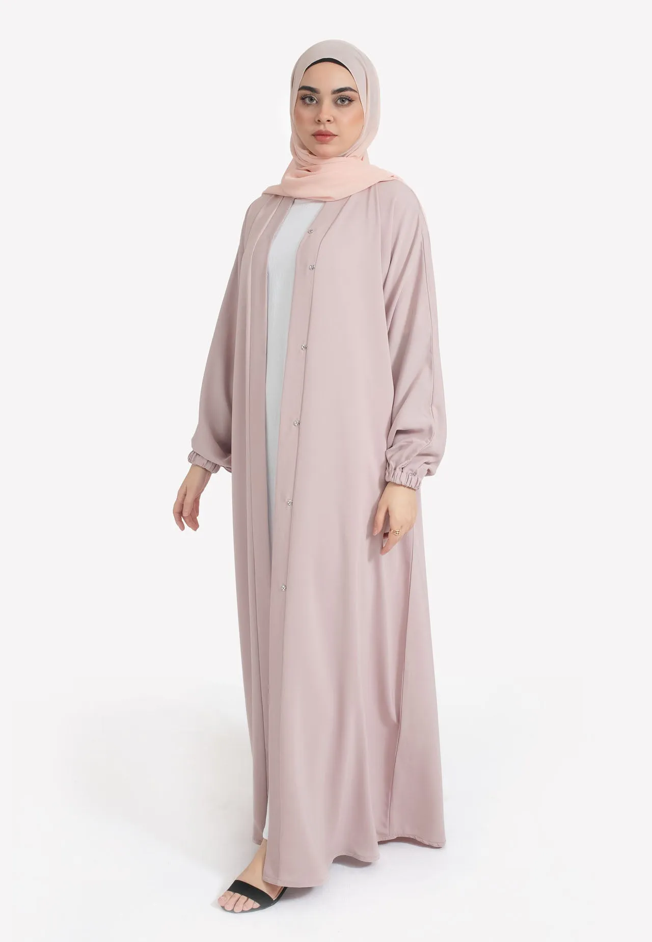 Plain Baby Pink Open Abaya With Elasticated Cuff Sleeves