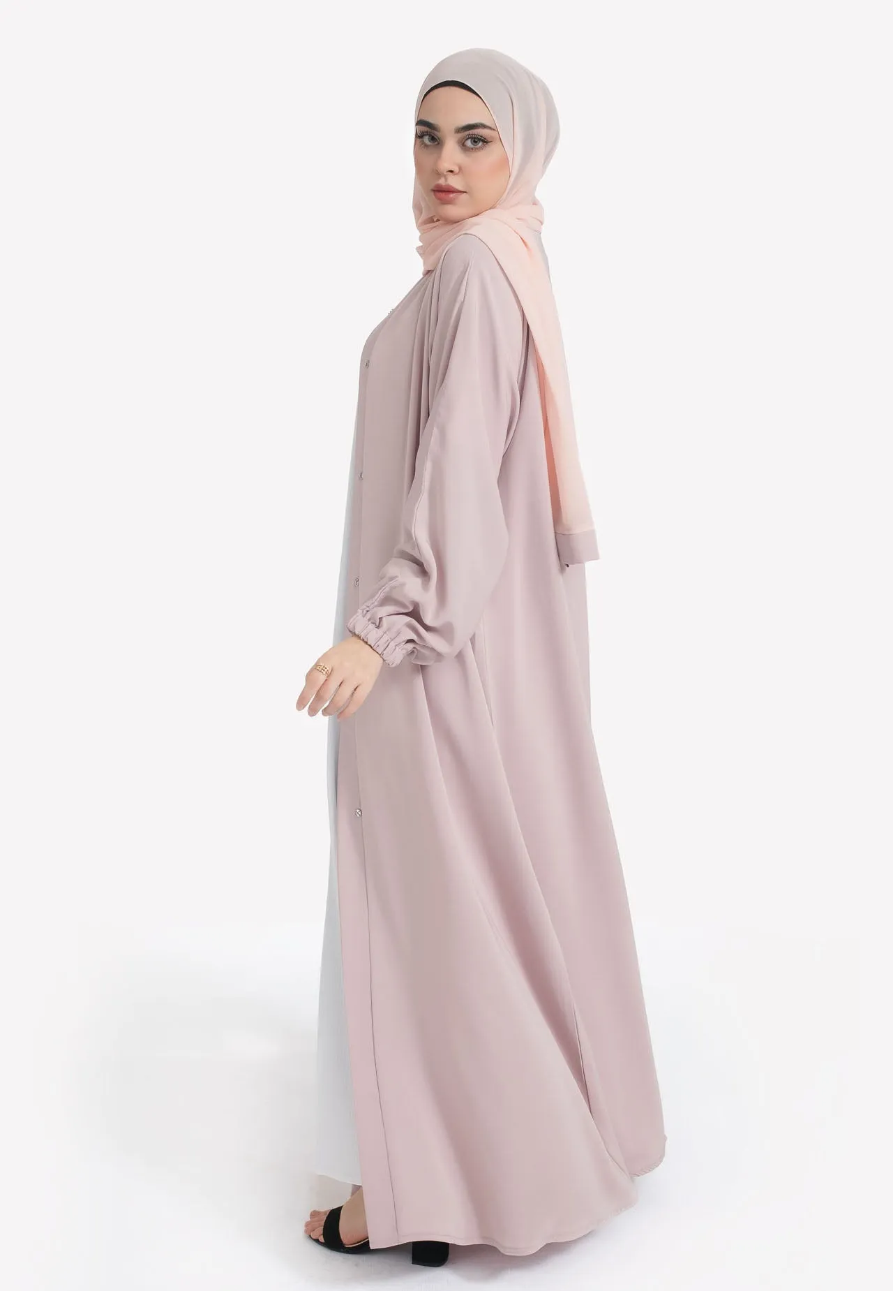 Plain Baby Pink Open Abaya With Elasticated Cuff Sleeves