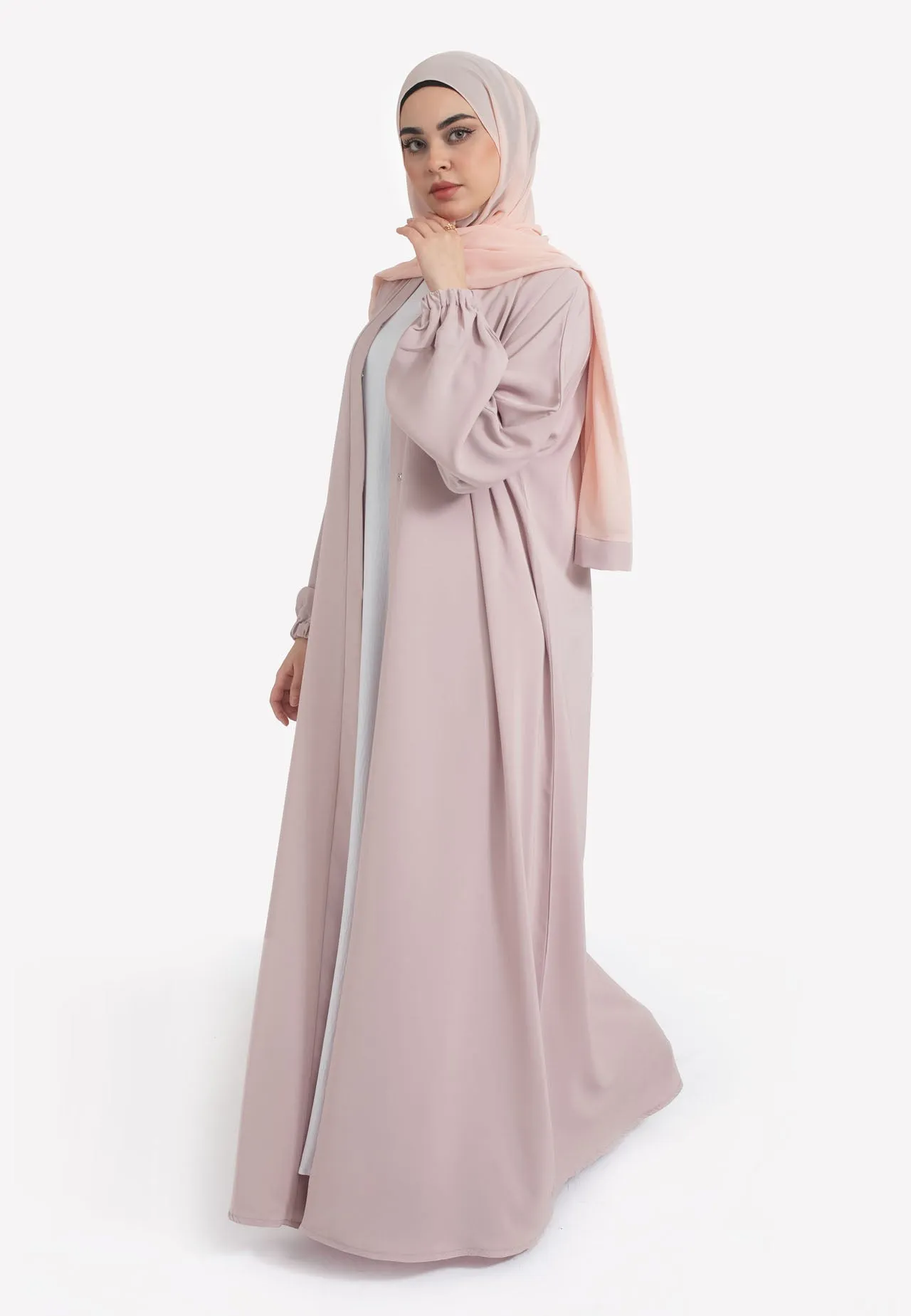 Plain Baby Pink Open Abaya With Elasticated Cuff Sleeves