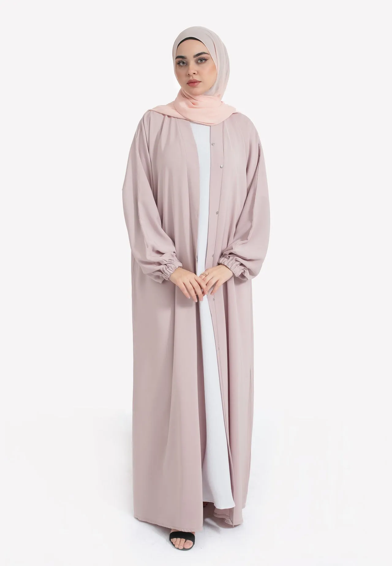 Plain Baby Pink Open Abaya With Elasticated Cuff Sleeves