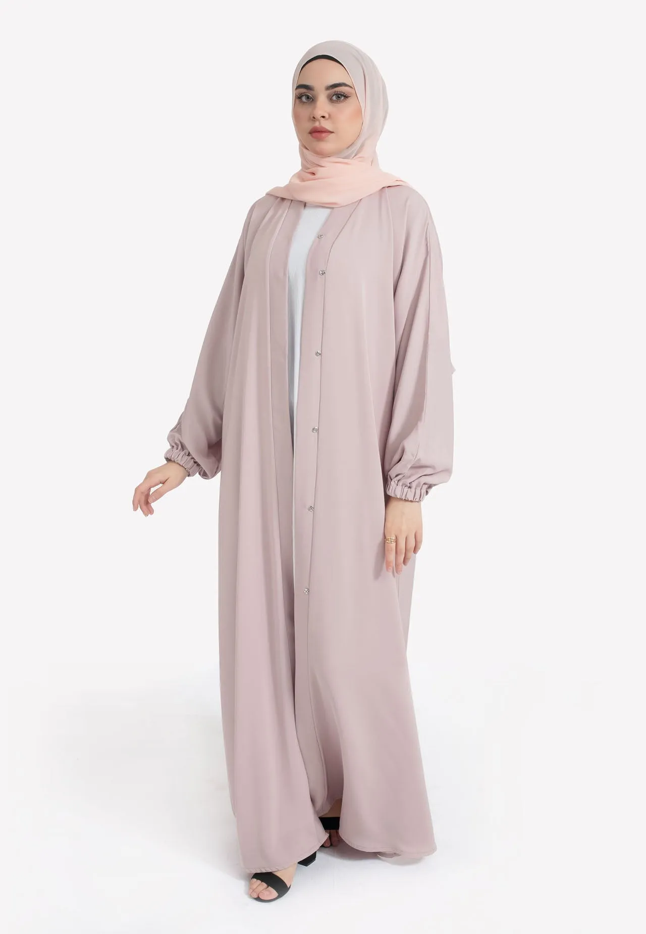 Plain Baby Pink Open Abaya With Elasticated Cuff Sleeves