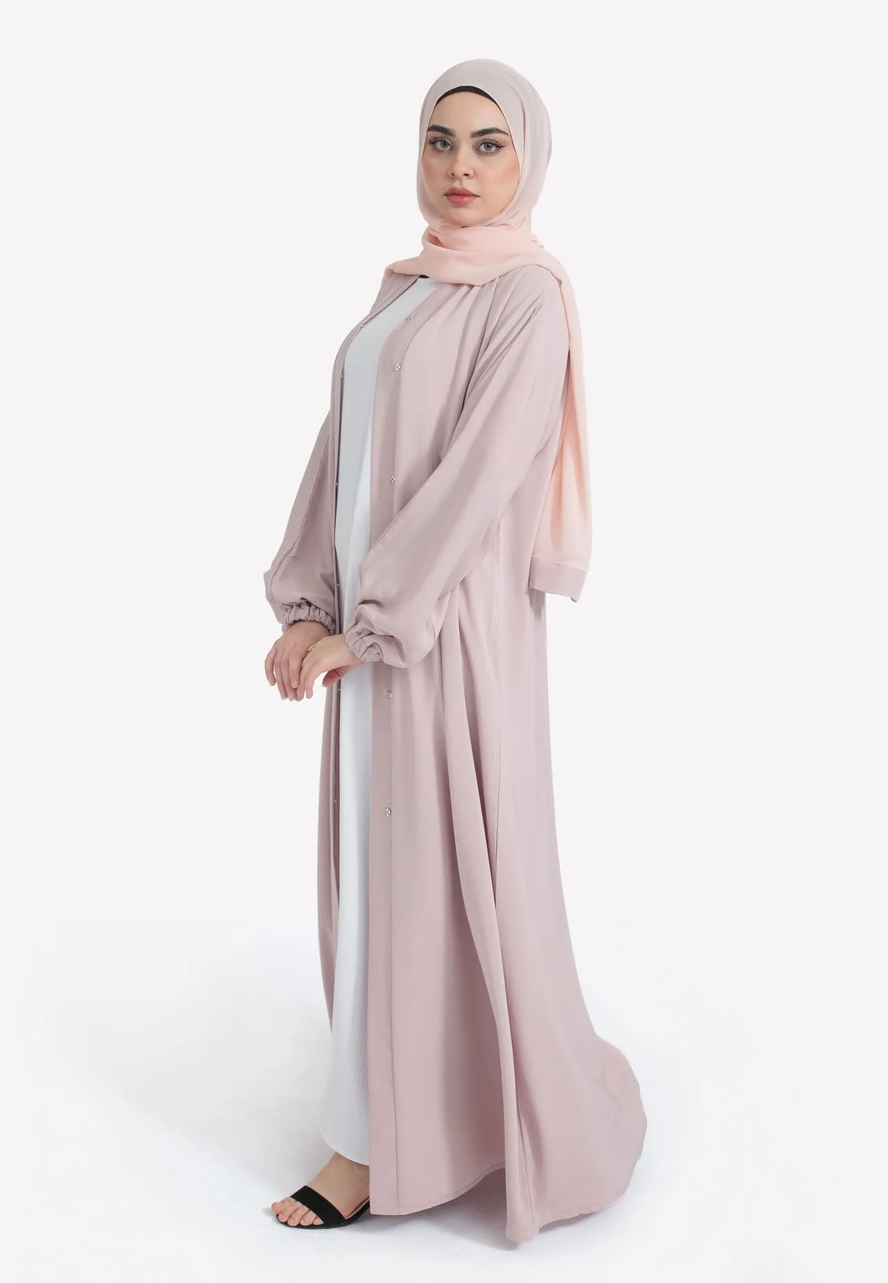 Plain Baby Pink Open Abaya With Elasticated Cuff Sleeves