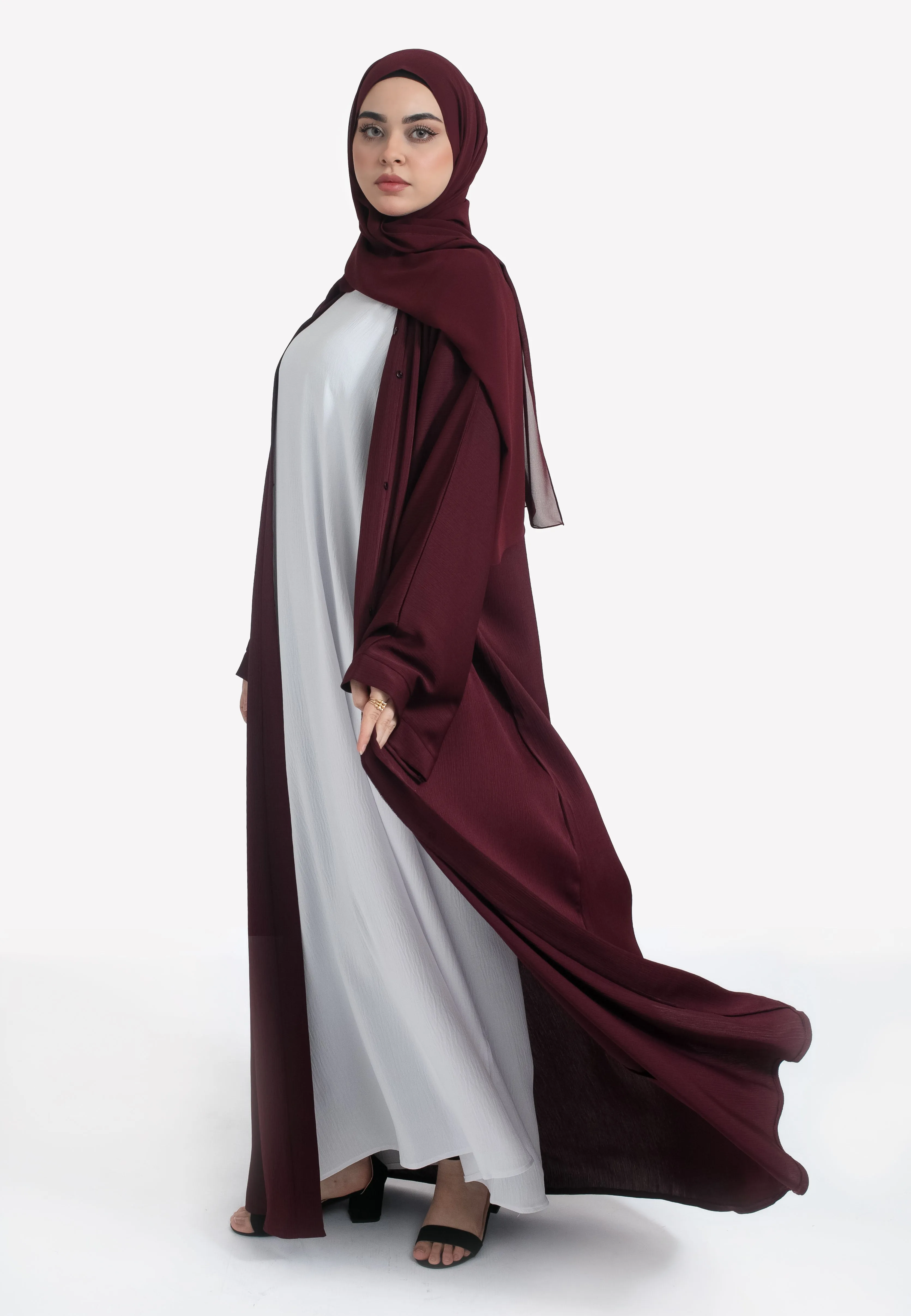 Plain Burgundy Textured Open Abaya