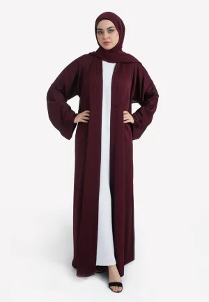 Plain Burgundy Textured Open Abaya