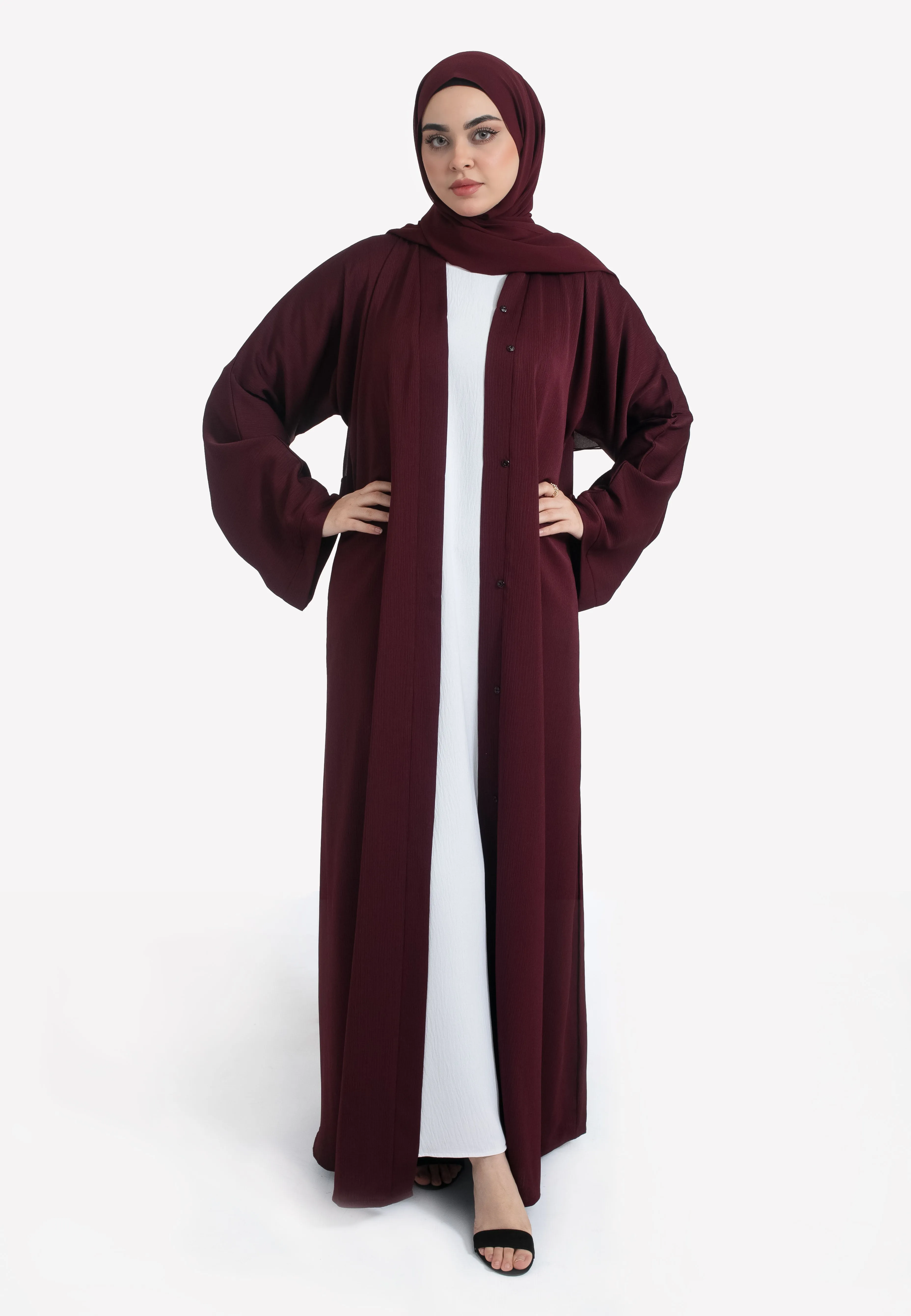 Plain Burgundy Textured Open Abaya