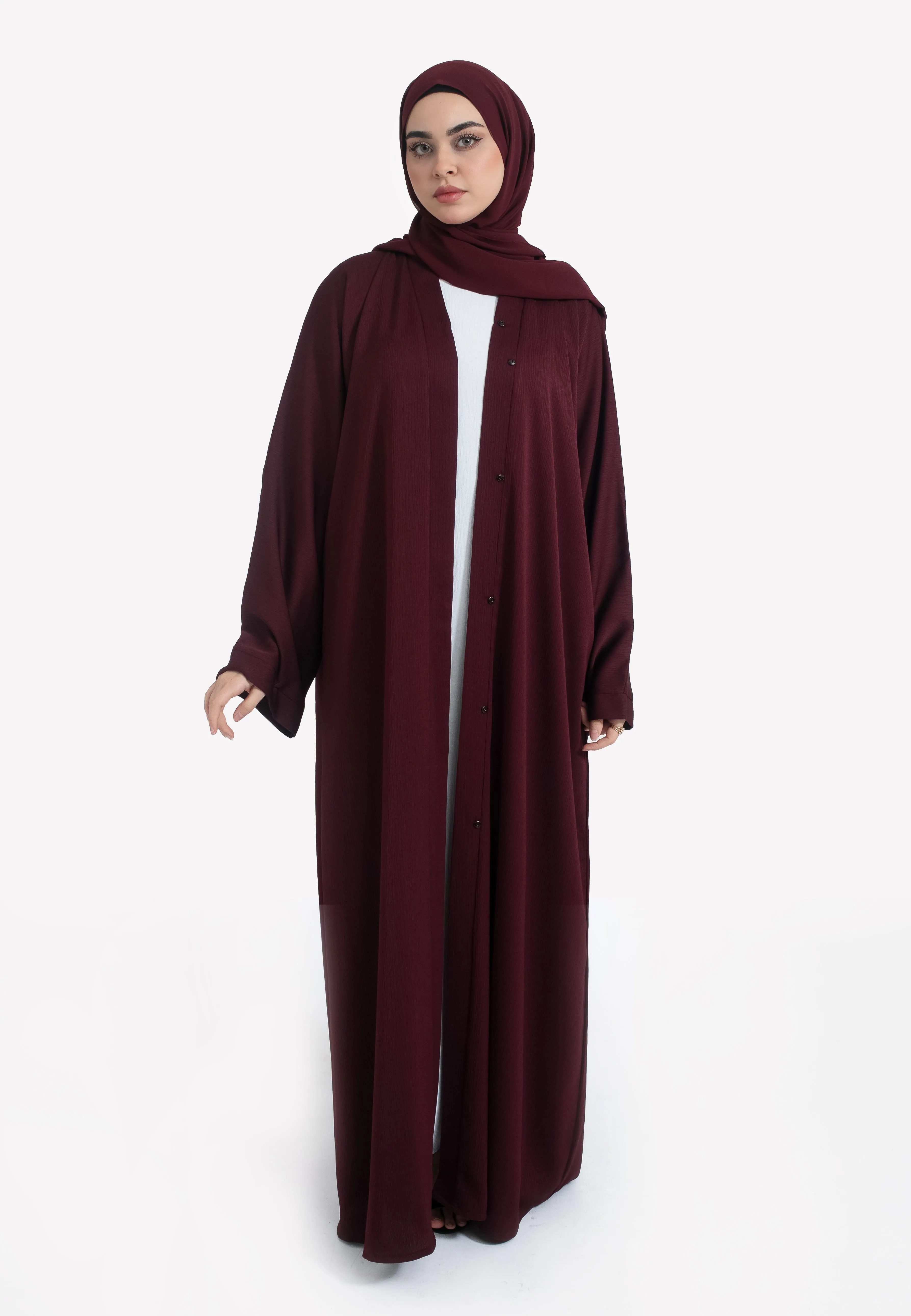 Plain Burgundy Textured Open Abaya