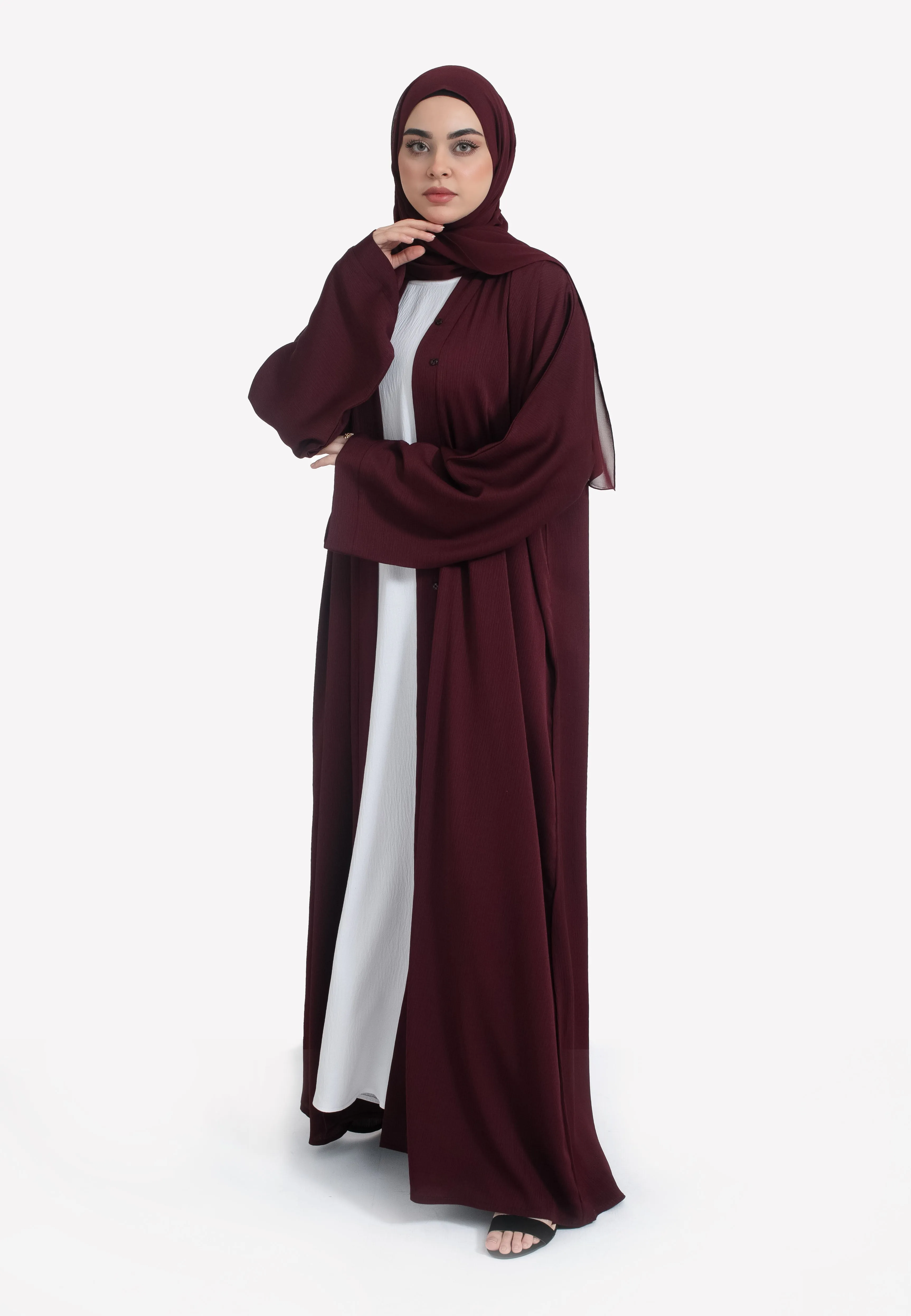 Plain Burgundy Textured Open Abaya