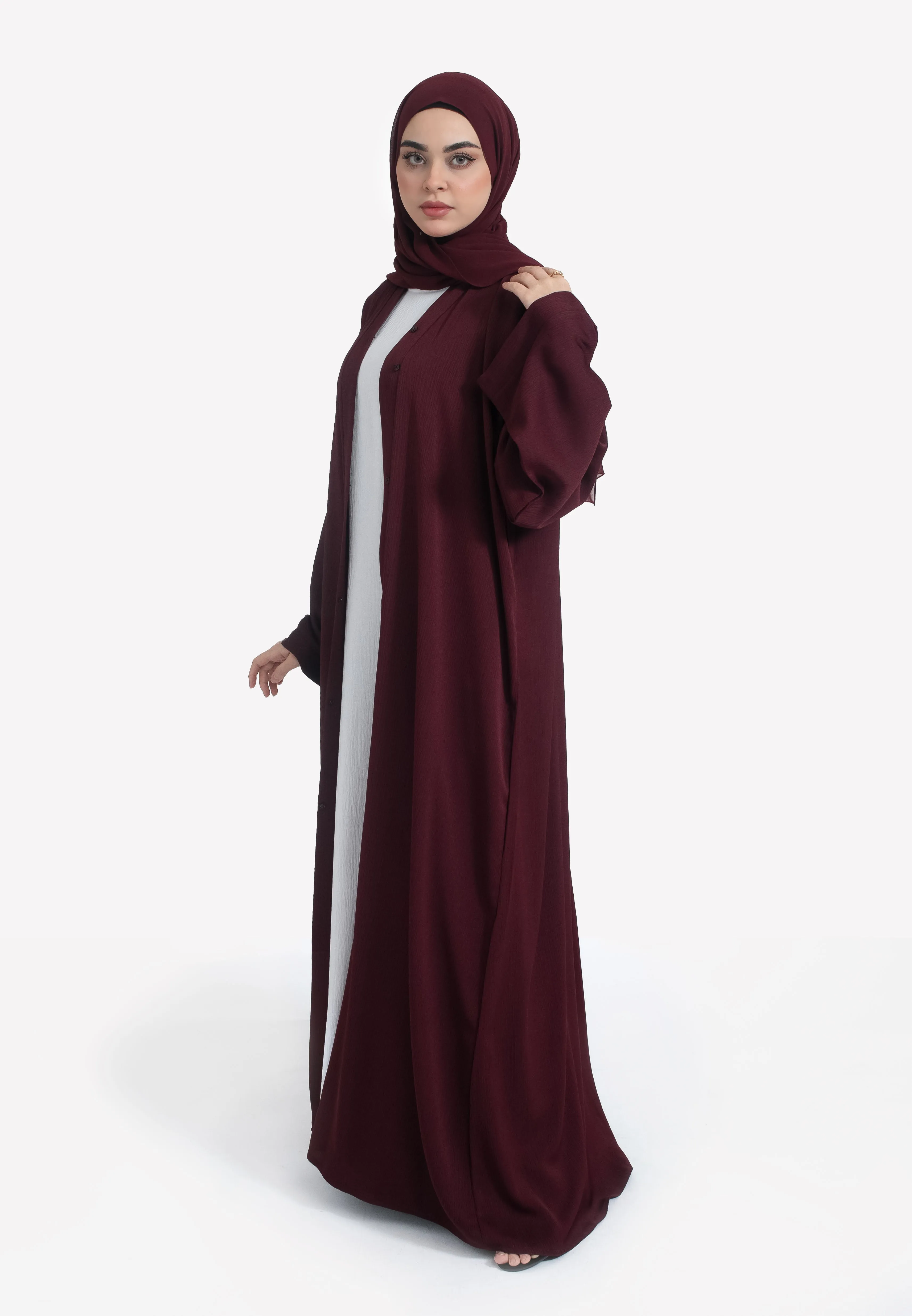 Plain Burgundy Textured Open Abaya