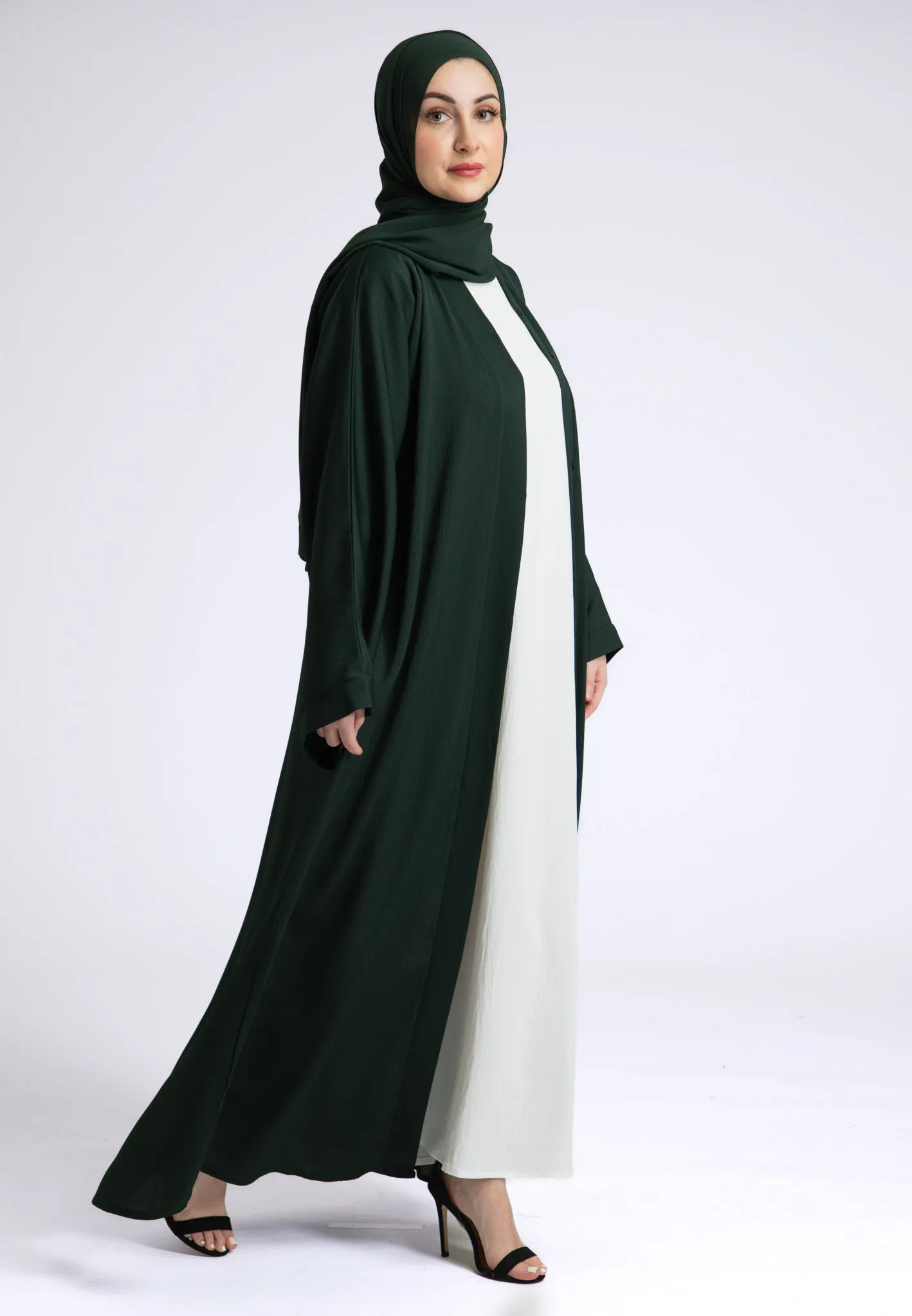 Plain Emerald Green Textured Open Abaya (Premium)