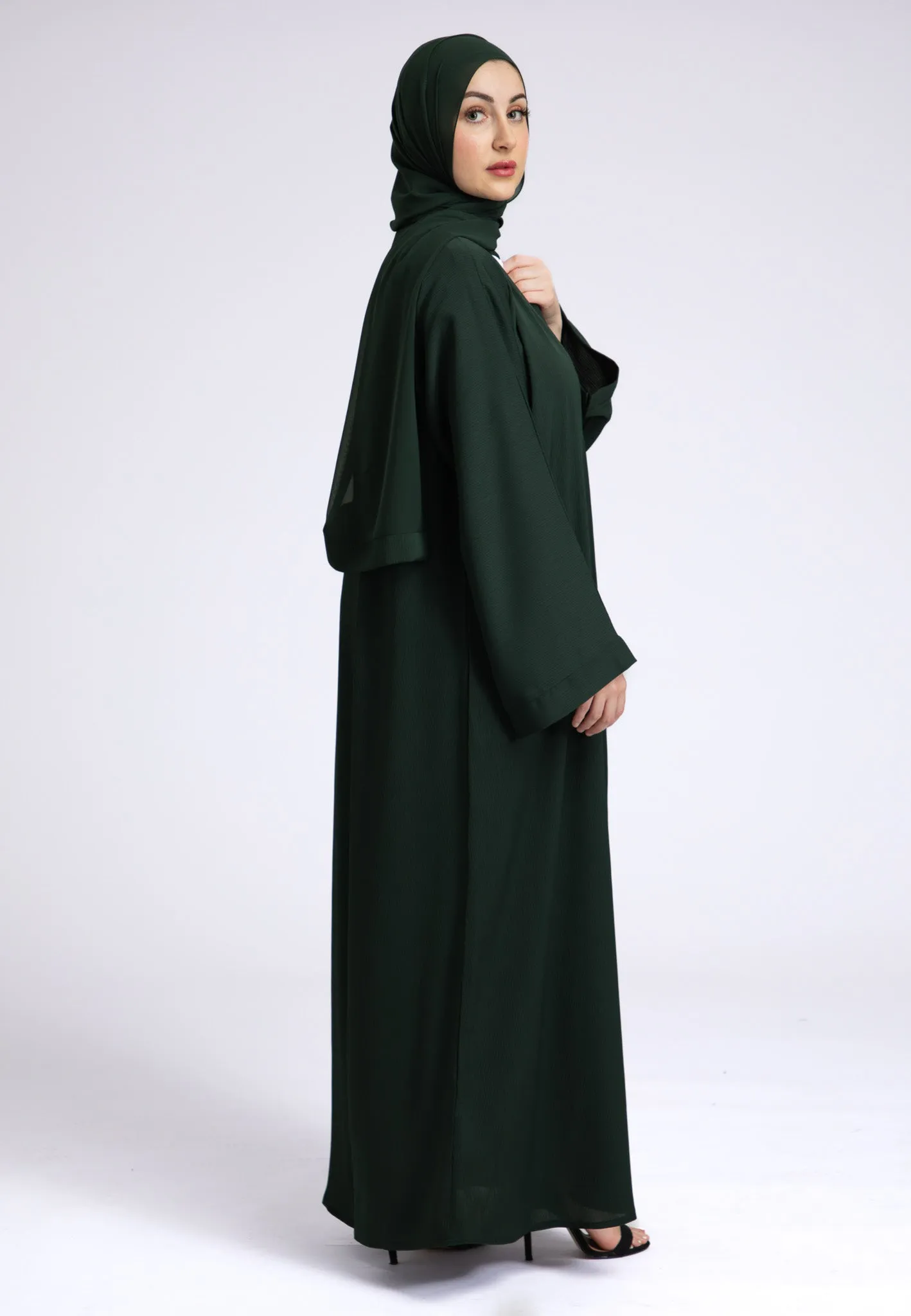 Plain Emerald Green Textured Open Abaya (Premium)