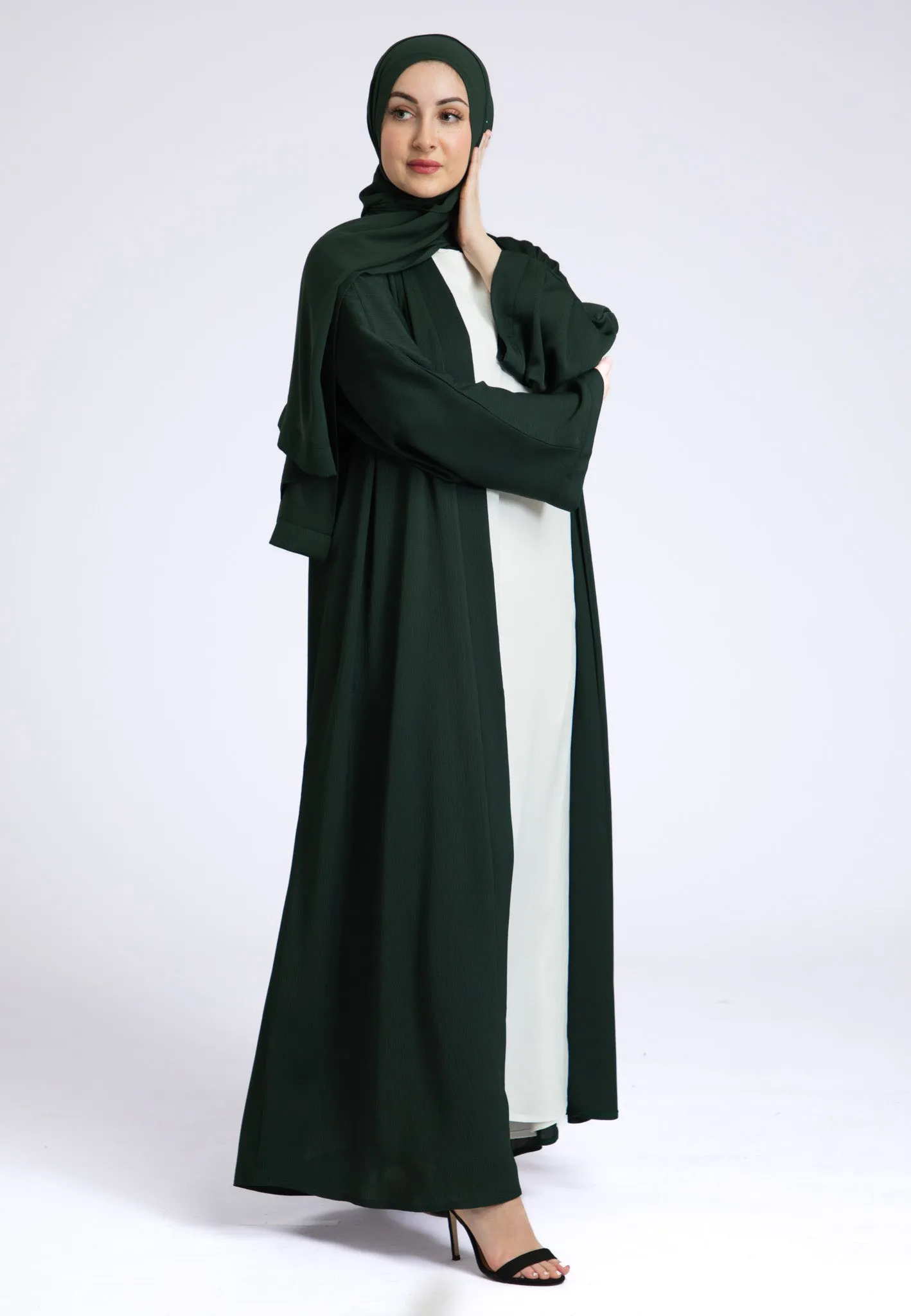 Plain Emerald Green Textured Open Abaya (Premium)