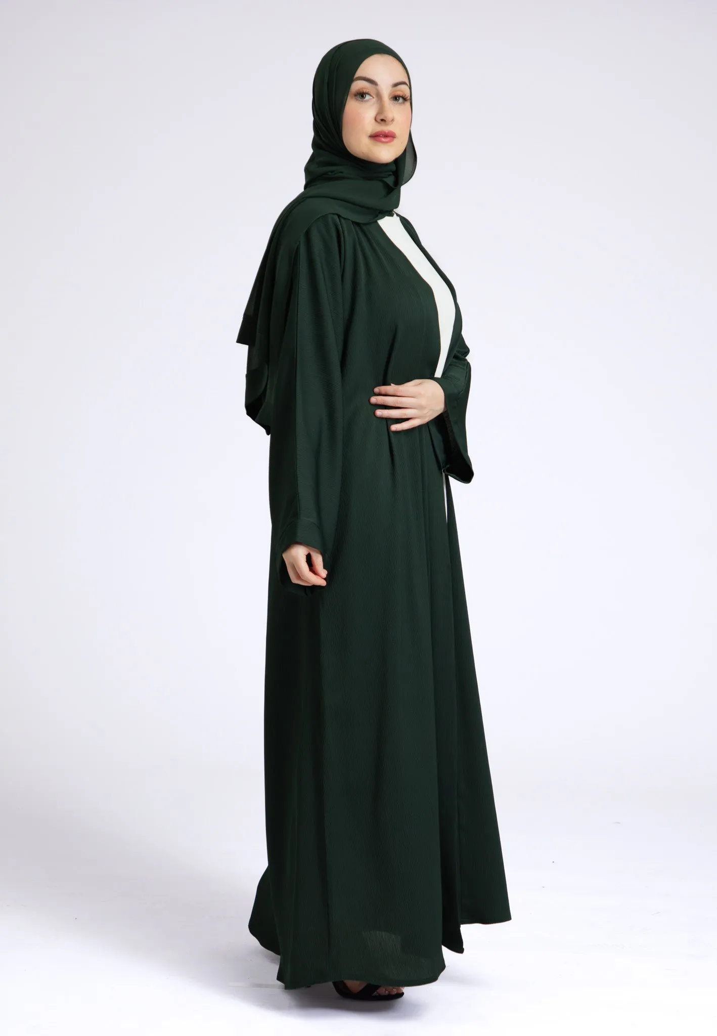 Plain Emerald Green Textured Open Abaya (Premium)
