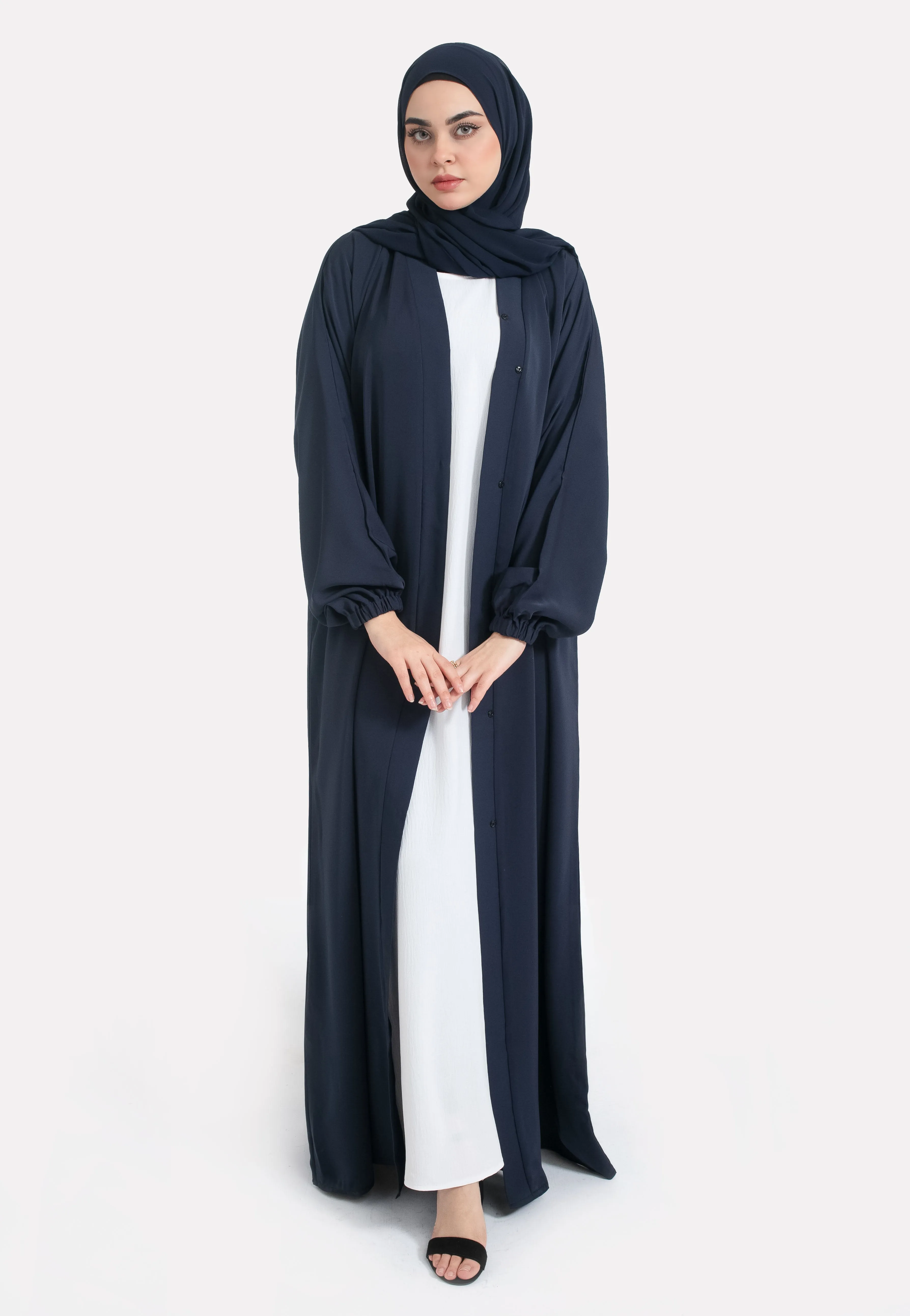 Plain Navy Open Abaya With Elasticated Cuff Sleeves