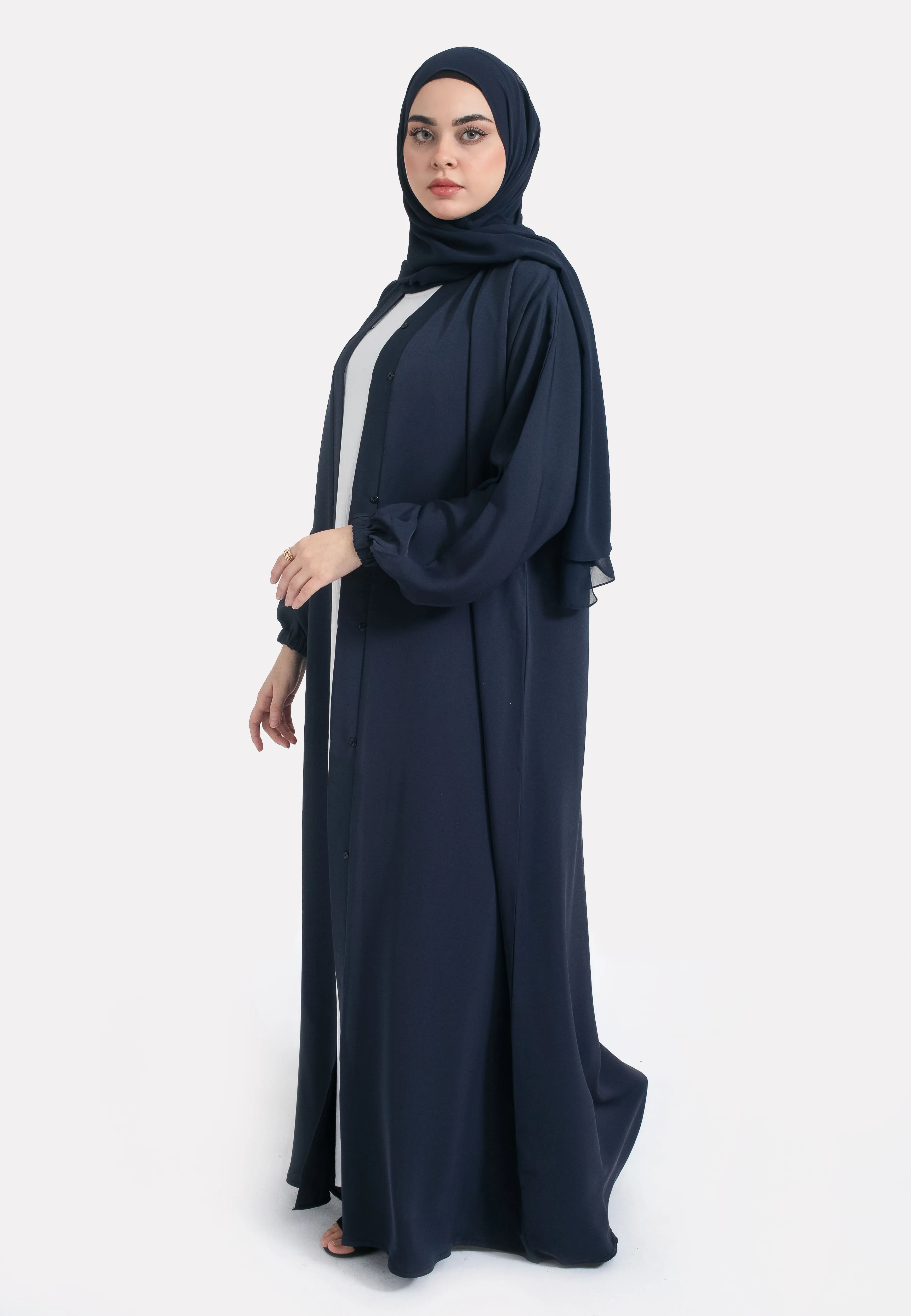 Plain Navy Open Abaya With Elasticated Cuff Sleeves