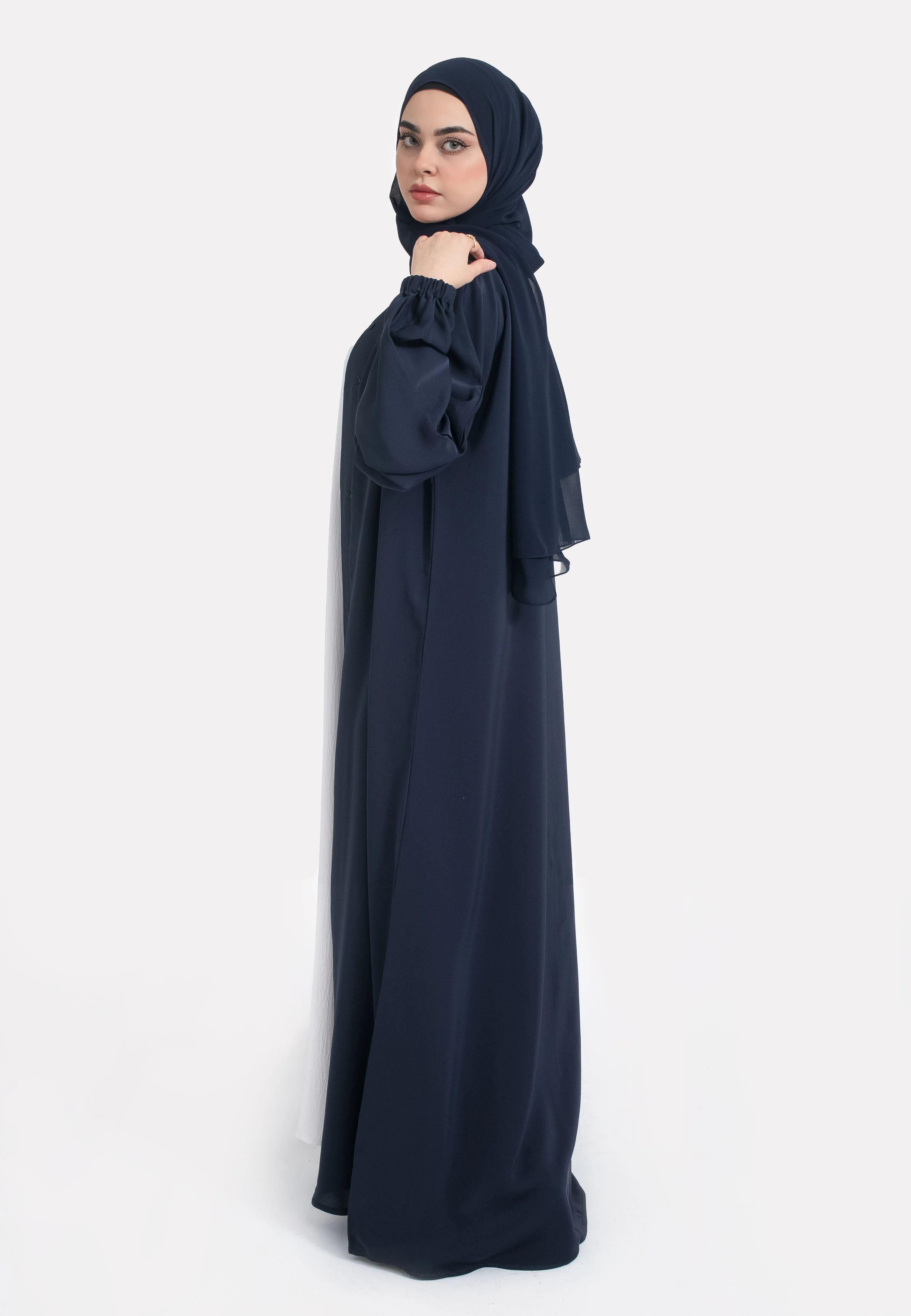 Plain Navy Open Abaya With Elasticated Cuff Sleeves