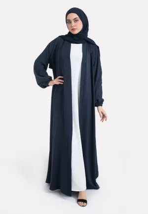 Plain Navy Open Abaya With Elasticated Cuff Sleeves