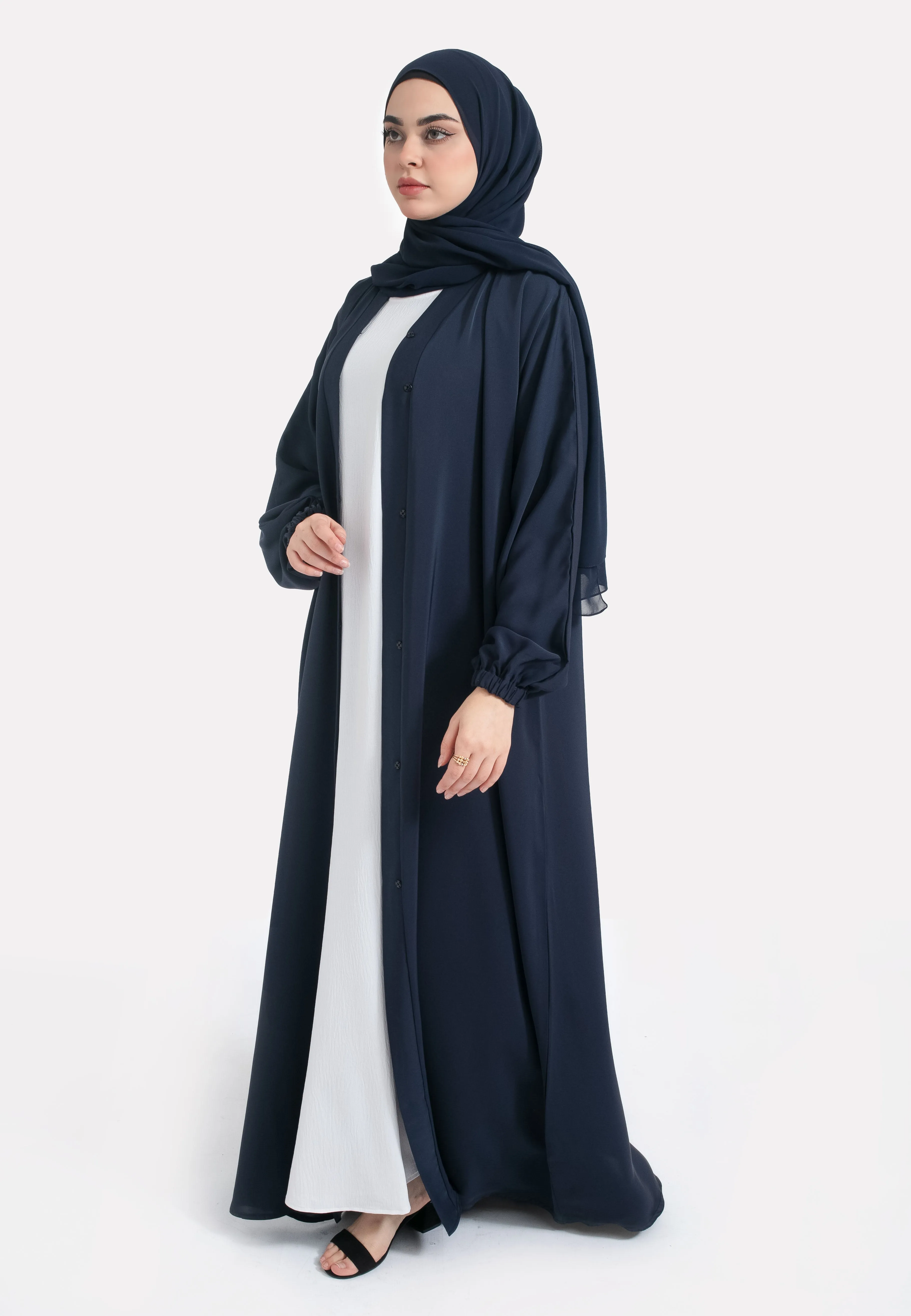 Plain Navy Open Abaya With Elasticated Cuff Sleeves