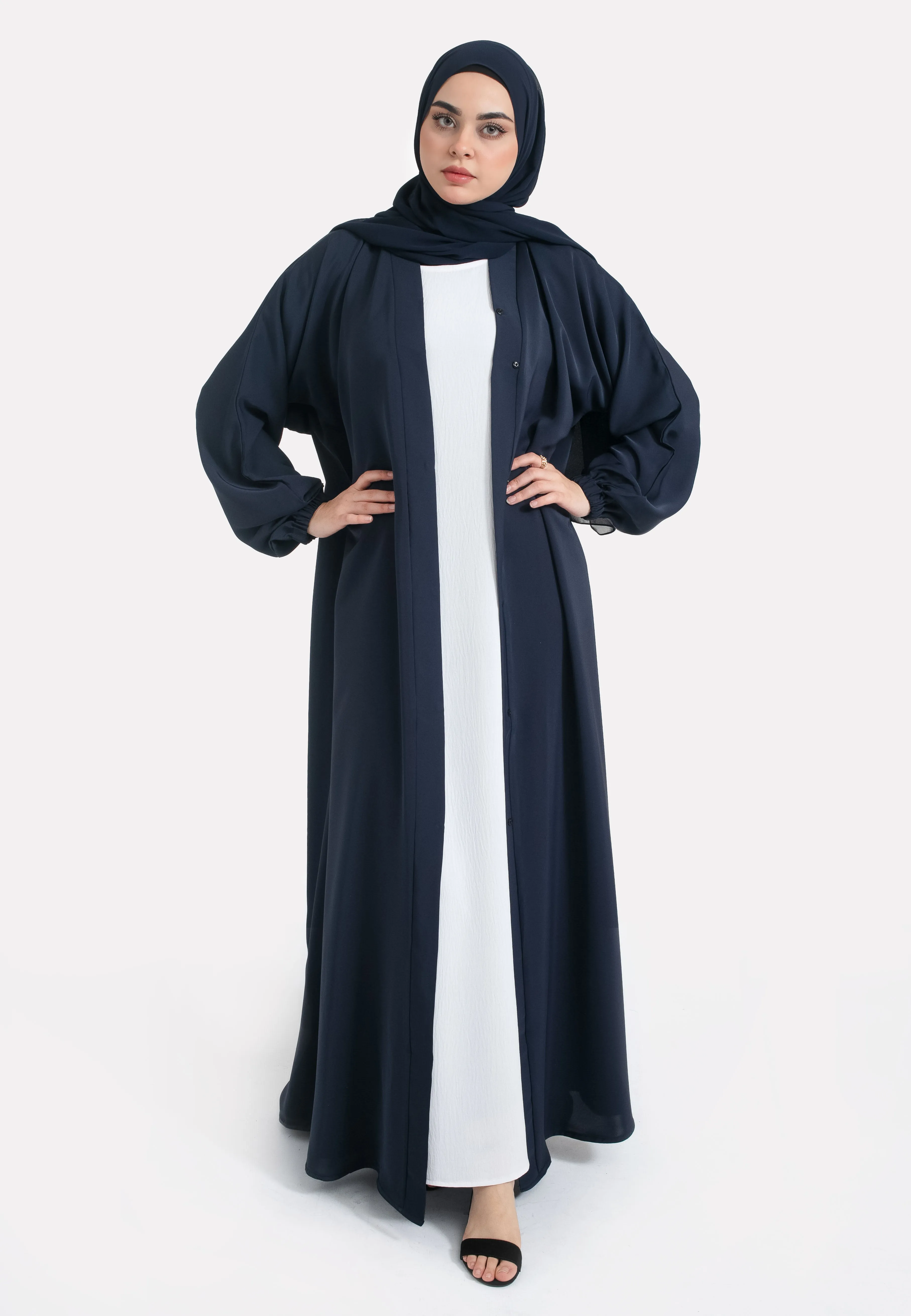 Plain Navy Open Abaya With Elasticated Cuff Sleeves