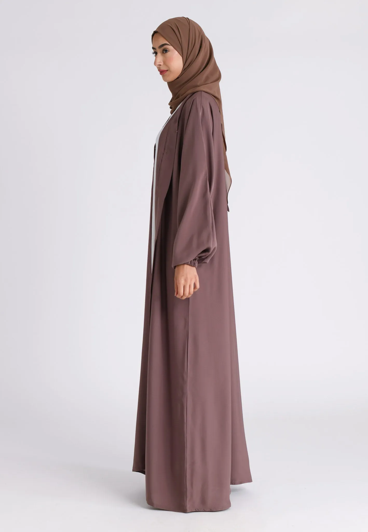 Plain Taupe Open Abaya With Elasticated Cuff Sleeves (Premium)