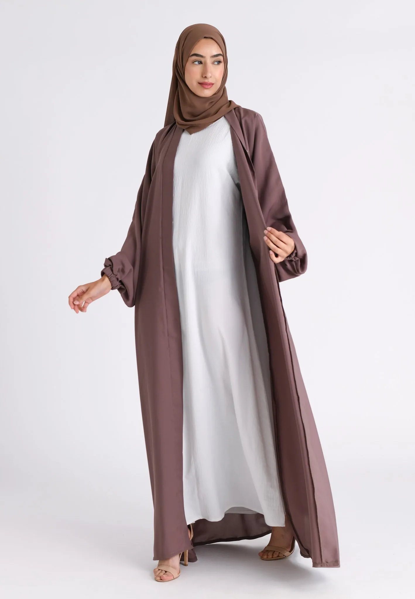 Plain Taupe Open Abaya With Elasticated Cuff Sleeves (Premium)