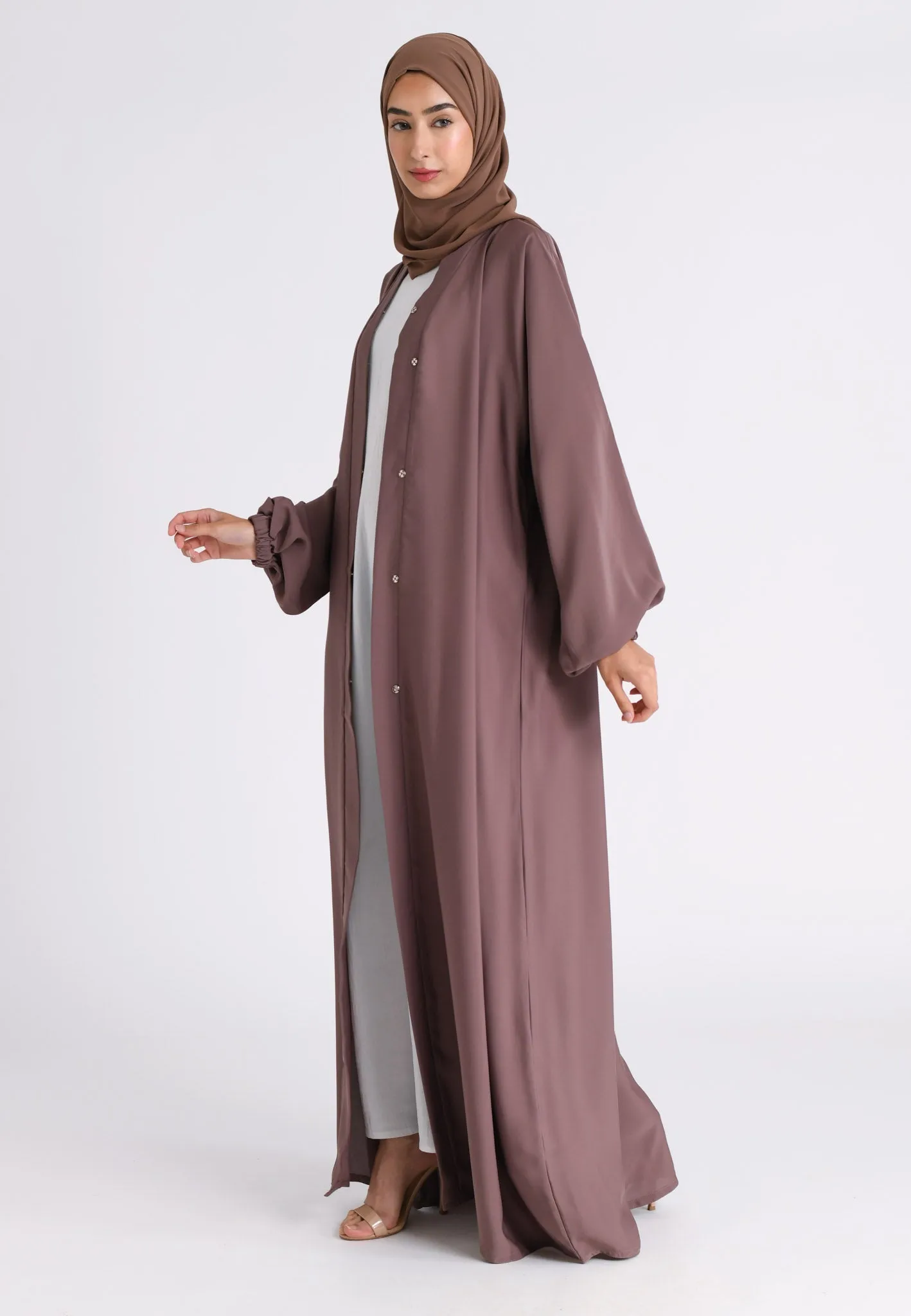 Plain Taupe Open Abaya With Elasticated Cuff Sleeves (Premium)