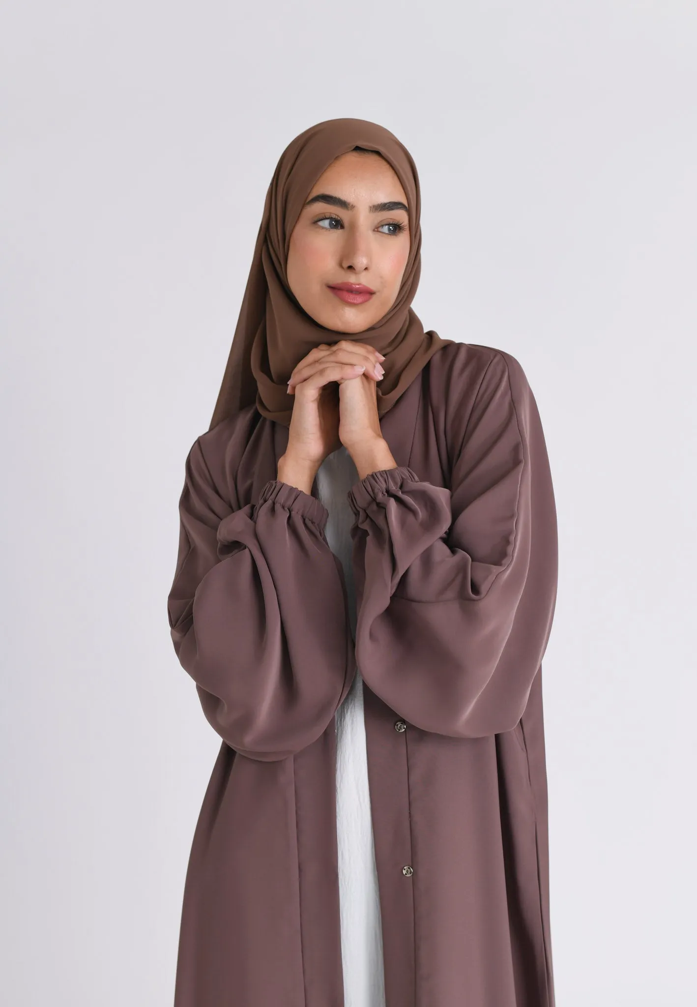 Plain Taupe Open Abaya With Elasticated Cuff Sleeves (Premium)