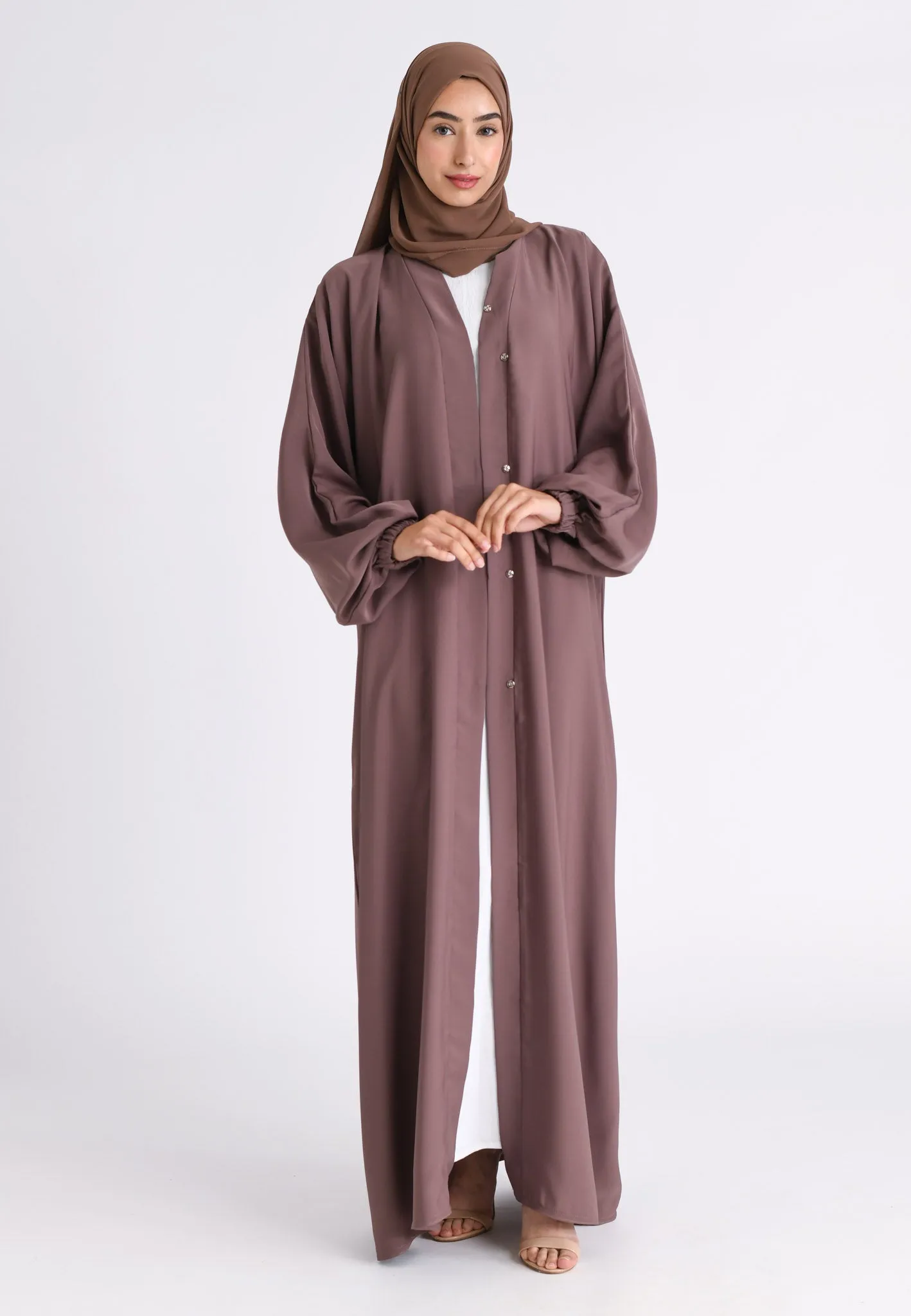 Plain Taupe Open Abaya With Elasticated Cuff Sleeves (Premium)