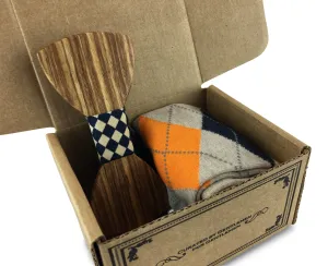 Premium Wooden Creative Handmade Bowtie with Matching Cotton Mens Blend Sock