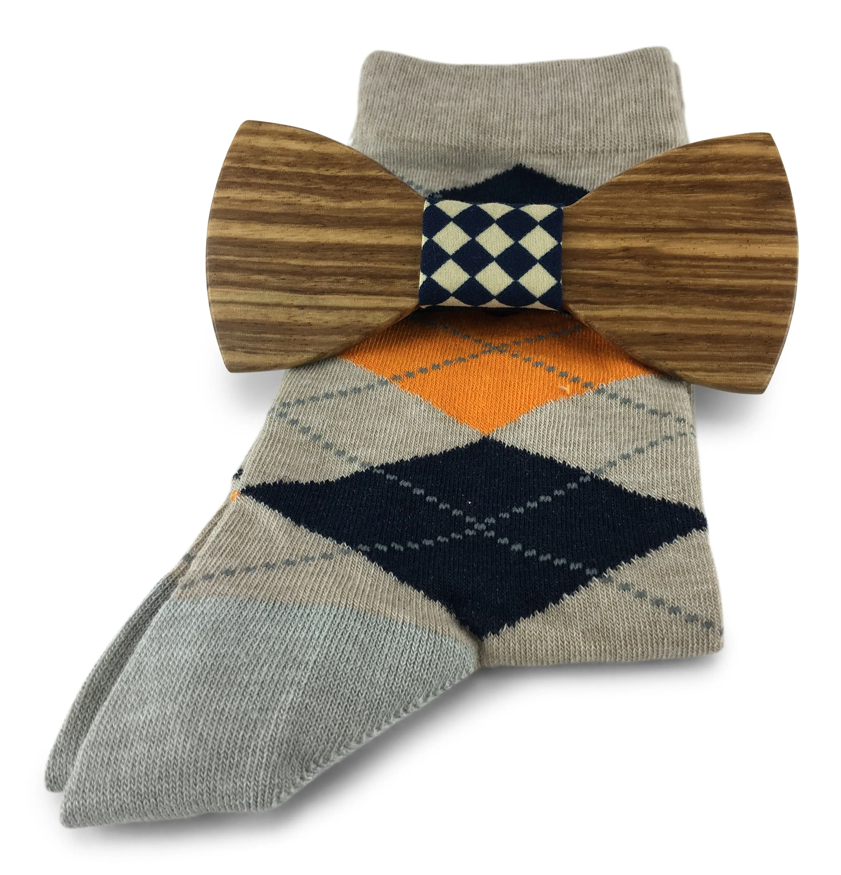 Premium Wooden Creative Handmade Bowtie with Matching Cotton Mens Blend Sock
