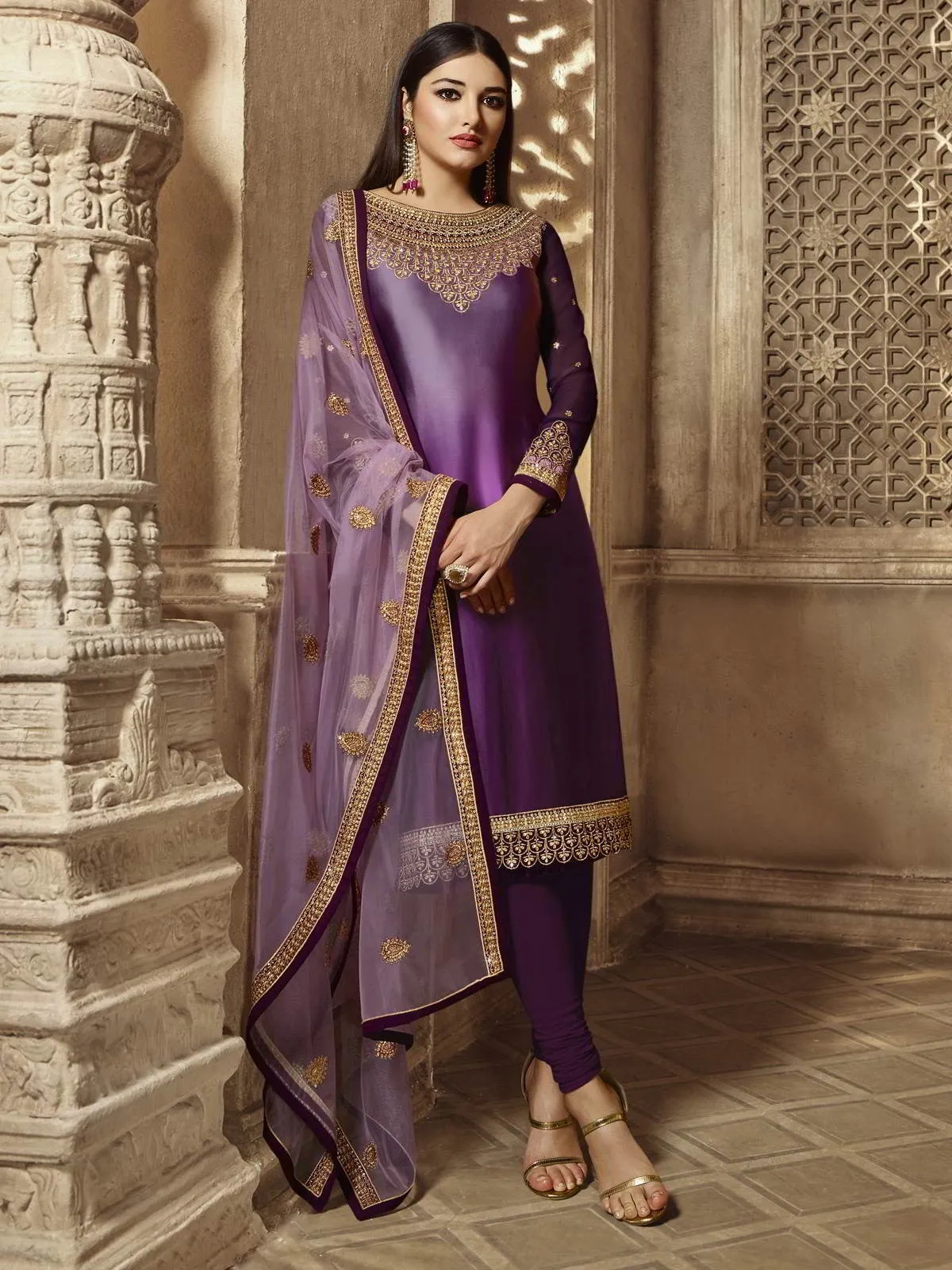 Purple Golden Embroidered Party Wear Lehenga Suit