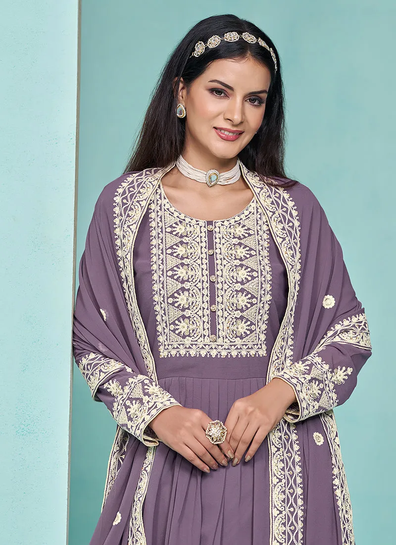 Purple Thread Embroidery Pleated Anarkali Palazzo Suit