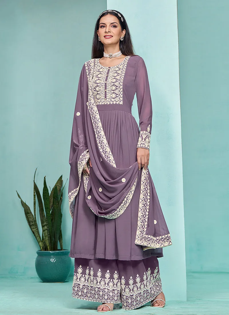 Purple Thread Embroidery Pleated Anarkali Palazzo Suit
