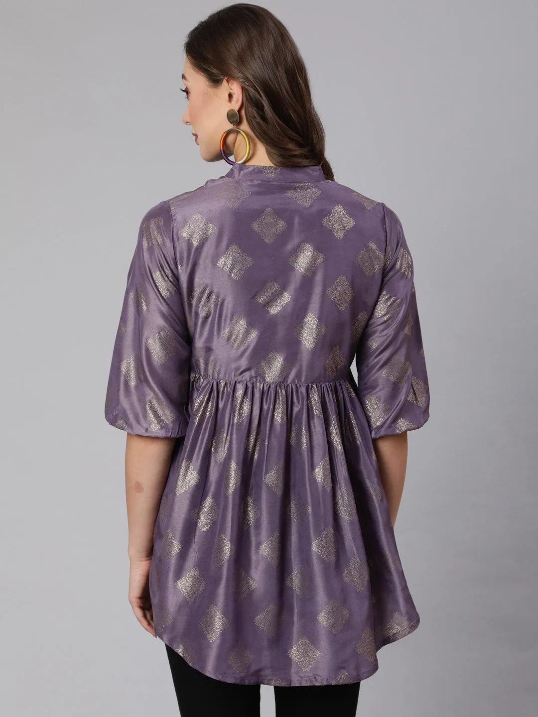 Purple Woven Silk Blend Gold Printed Peplum Hip-Low Top